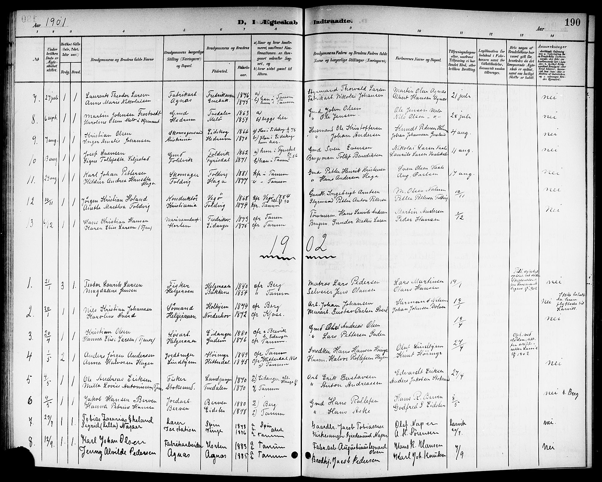 Brunlanes kirkebøker, SAKO/A-342/G/Ga/L0004: Klokkerbok nr. I 4, 1898-1921, s. 190