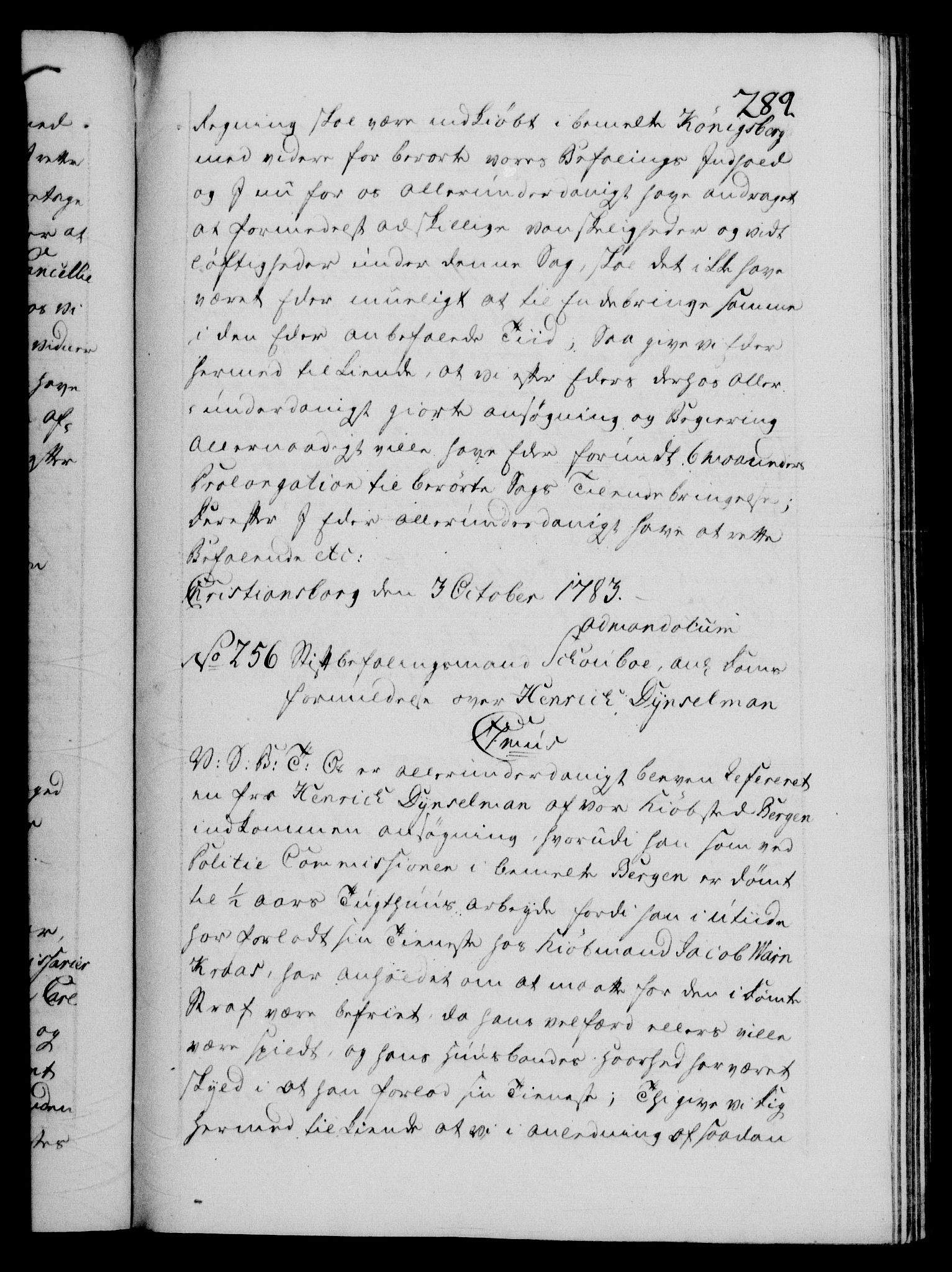 Danske Kanselli 1572-1799, AV/RA-EA-3023/F/Fc/Fca/Fcab/L0043: Norske tegnelser, 1782-1786, s. 289a