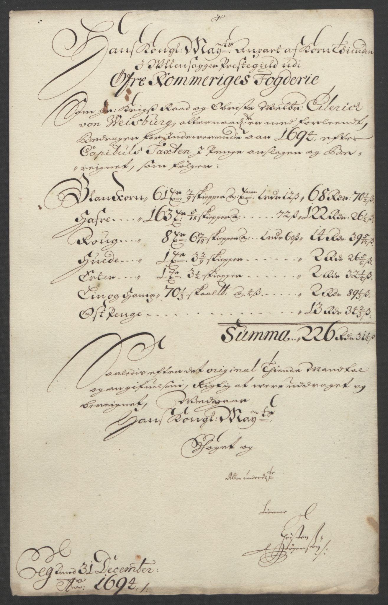 Rentekammeret inntil 1814, Reviderte regnskaper, Fogderegnskap, RA/EA-4092/R12/L0706: Fogderegnskap Øvre Romerike, 1694, s. 54