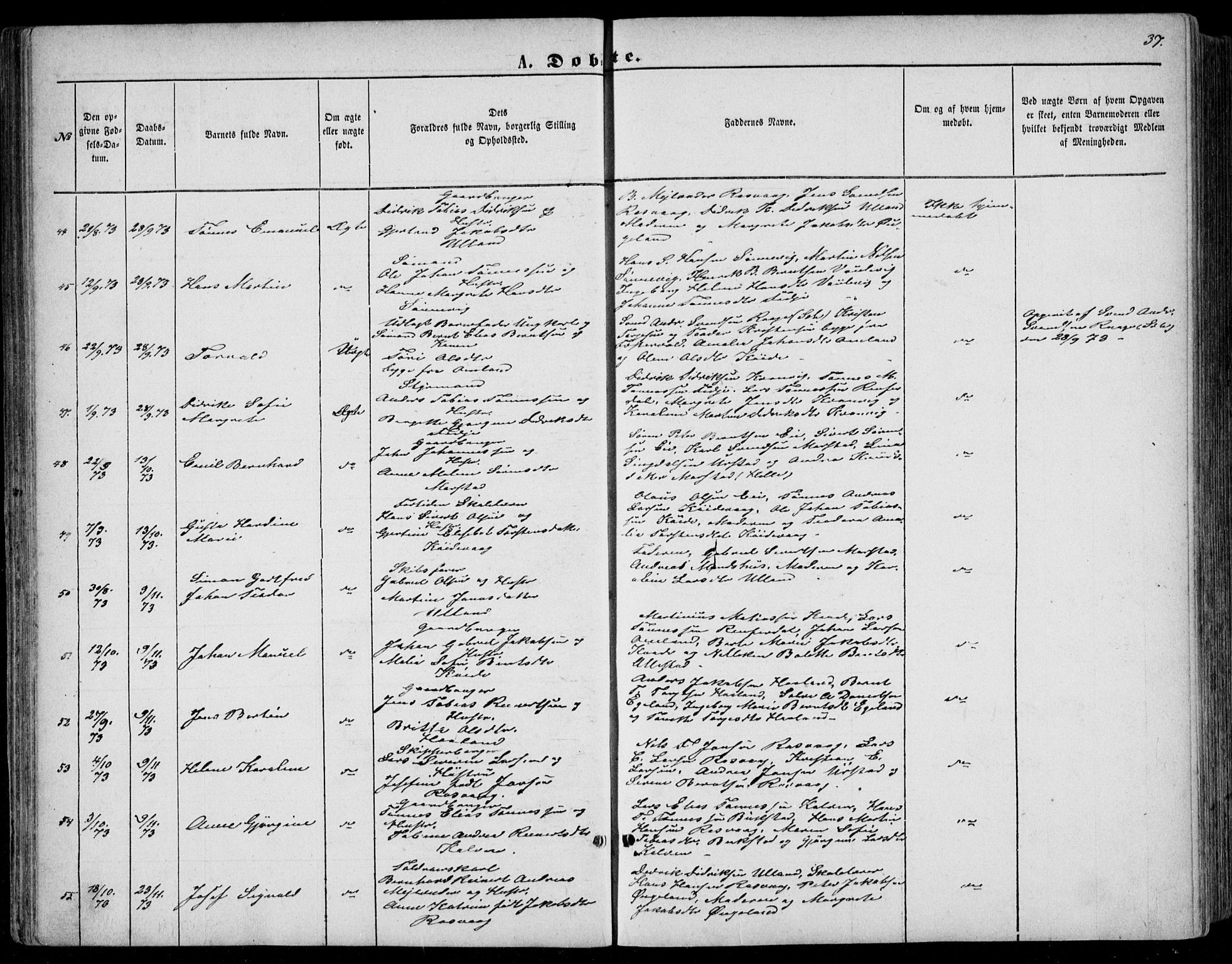 Flekkefjord sokneprestkontor, AV/SAK-1111-0012/F/Fb/Fbb/L0003: Klokkerbok nr. B 3, 1867-1889, s. 37