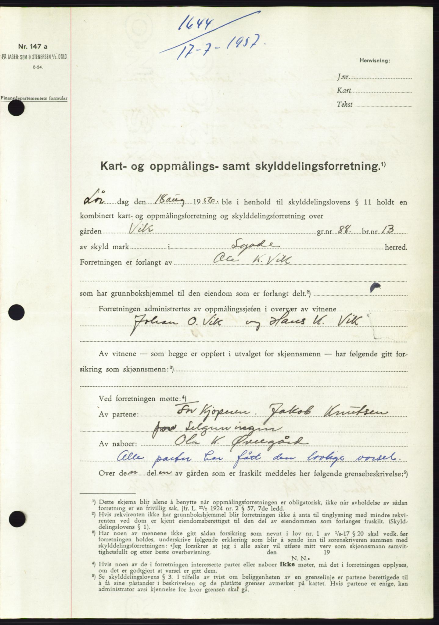 Søre Sunnmøre sorenskriveri, SAT/A-4122/1/2/2C/L0107: Pantebok nr. 33A, 1957-1957, Dagboknr: 1644/1957