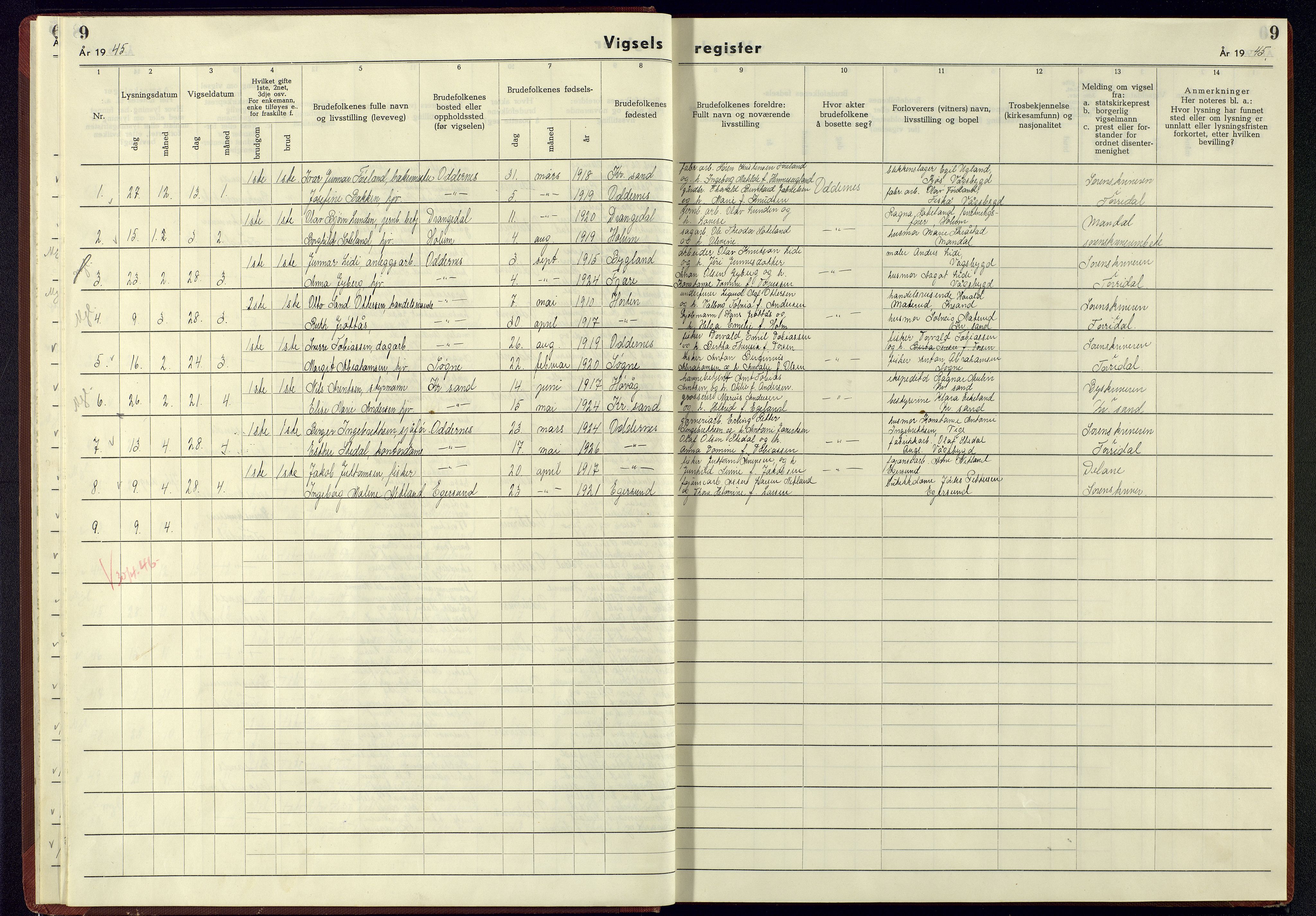 Oddernes sokneprestkontor, SAK/1111-0033/J/Jb/L0005: Vigselsregister nr. 5, 1942-1945, s. 9