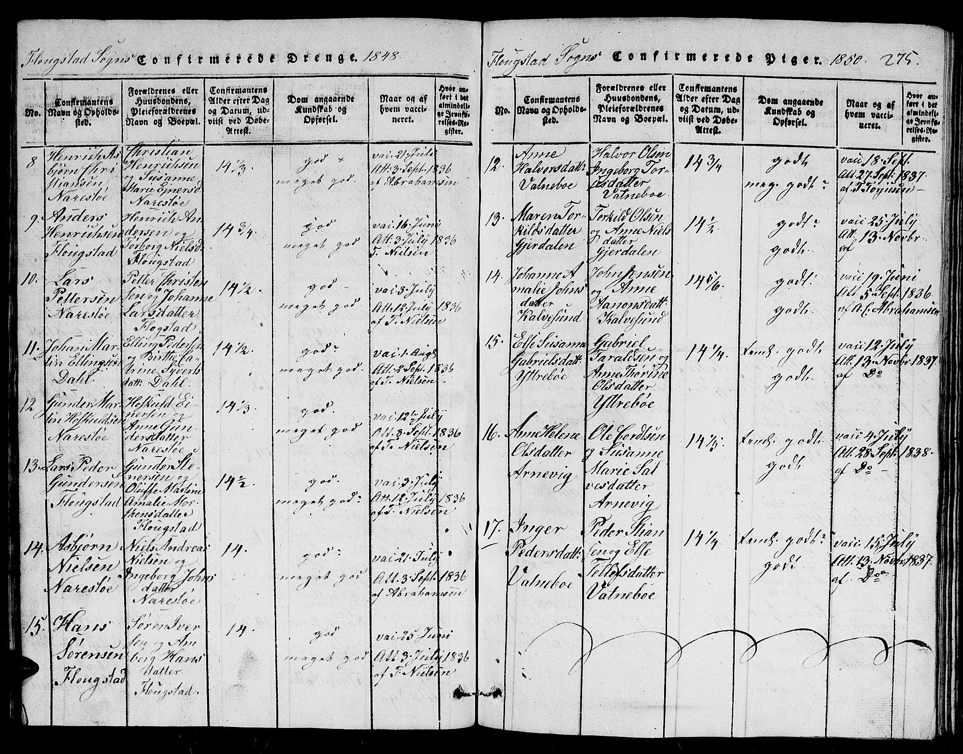 Dypvåg sokneprestkontor, AV/SAK-1111-0007/F/Fb/Fbb/L0001: Klokkerbok nr. B 1, 1816-1850, s. 275