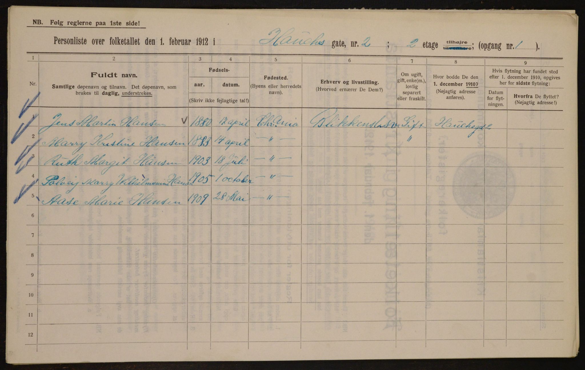 OBA, Kommunal folketelling 1.2.1912 for Kristiania, 1912, s. 35393