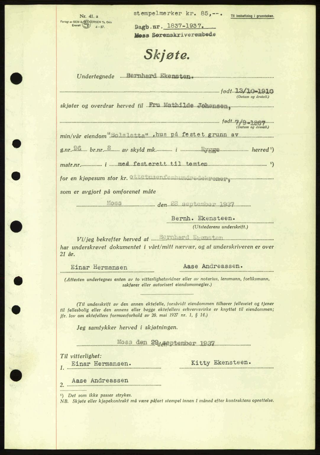 Moss sorenskriveri, SAO/A-10168: Pantebok nr. A3, 1937-1938, Dagboknr: 1837/1937