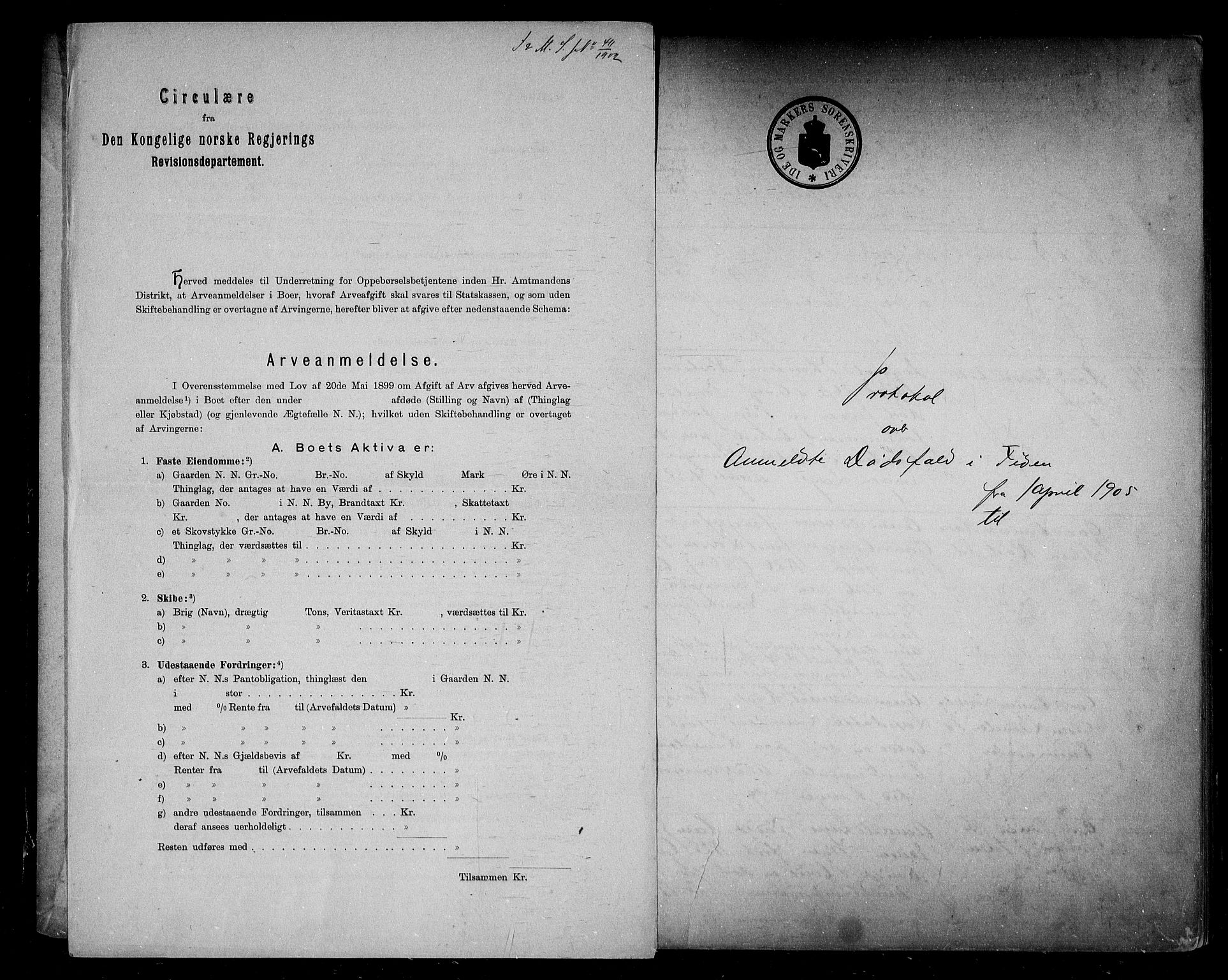Idd og Marker sorenskriveri, SAO/A-10283/H/Ha/Haa/L0001/0004: Dødsanmeldelsesprotokoller / Dødsanmeldelsesprotokoll, 1905-1910