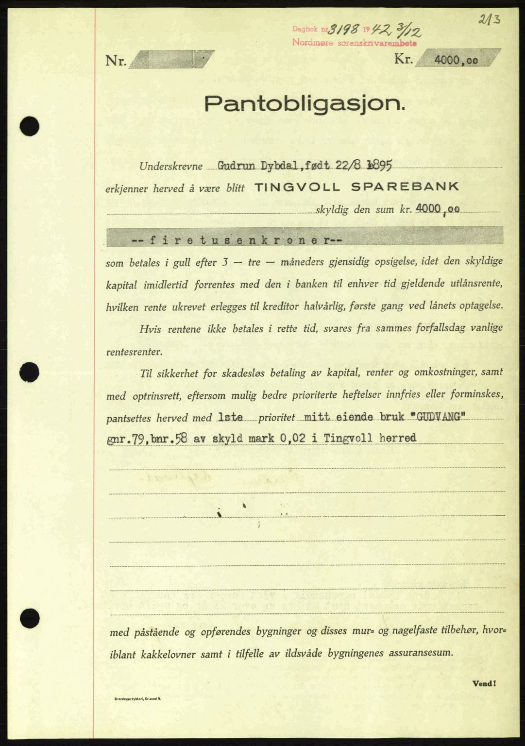 Nordmøre sorenskriveri, SAT/A-4132/1/2/2Ca: Pantebok nr. B90, 1942-1943, Dagboknr: 3198/1942