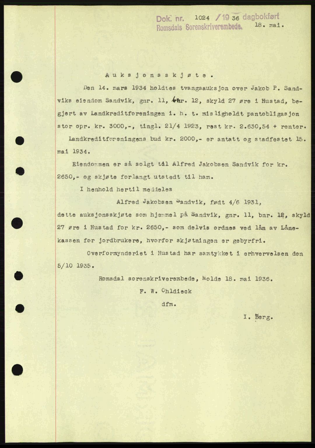 Romsdal sorenskriveri, SAT/A-4149/1/2/2C: Pantebok nr. A1, 1936-1936, Dagboknr: 1024/1936