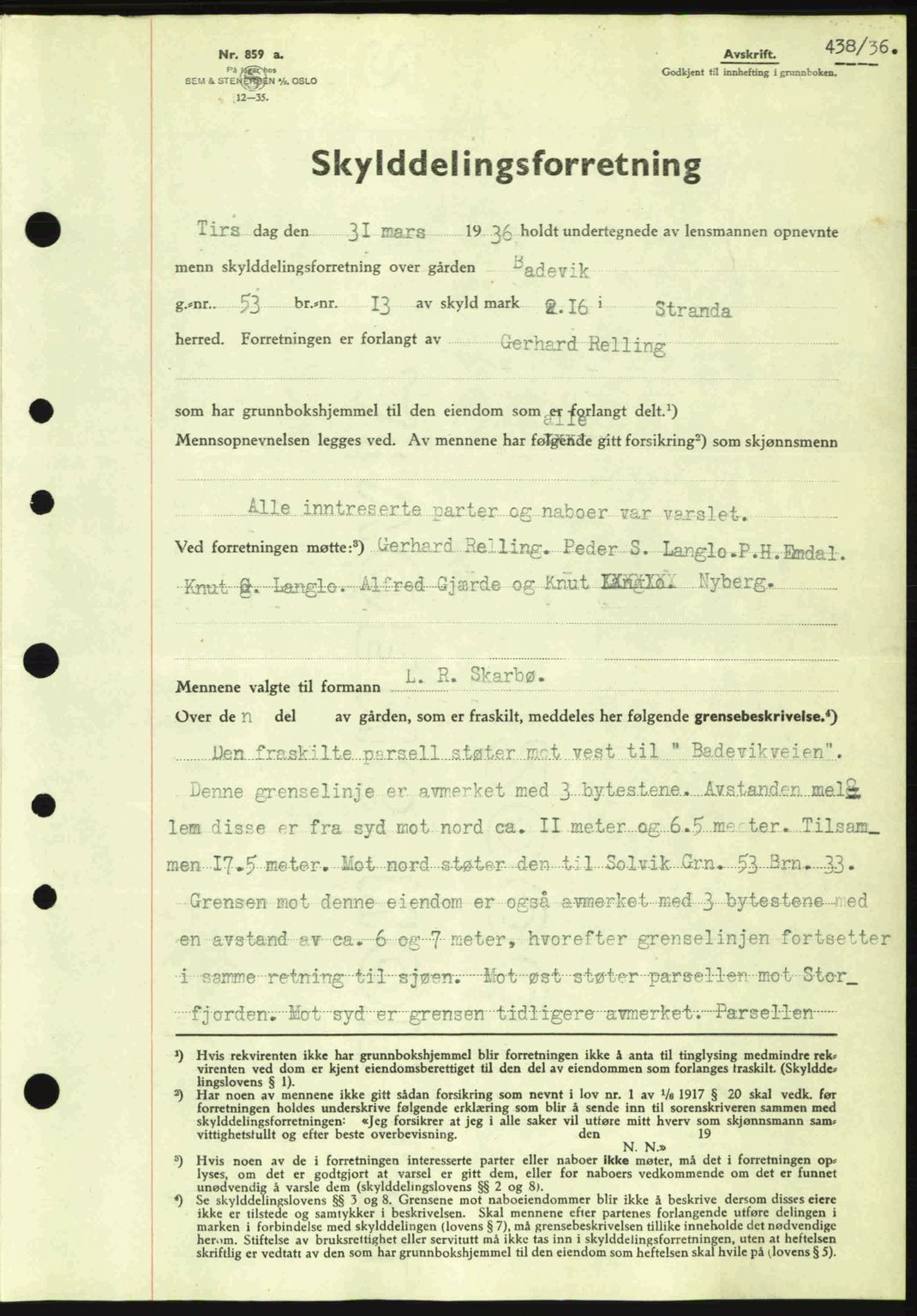 Nordre Sunnmøre sorenskriveri, AV/SAT-A-0006/1/2/2C/2Ca: Pantebok nr. A1, 1936-1936, Dagboknr: 438/1936