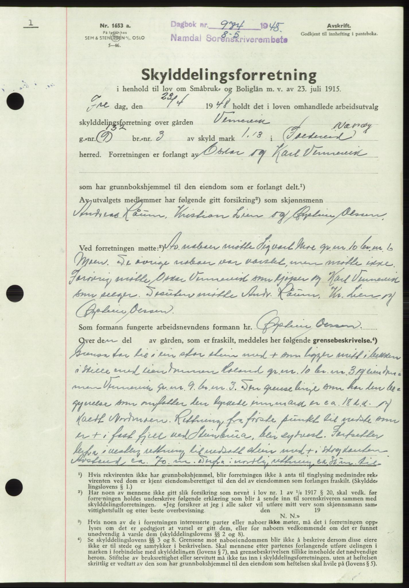 Namdal sorenskriveri, SAT/A-4133/1/2/2C: Pantebok nr. -, 1947-1948, Dagboknr: 974/1948