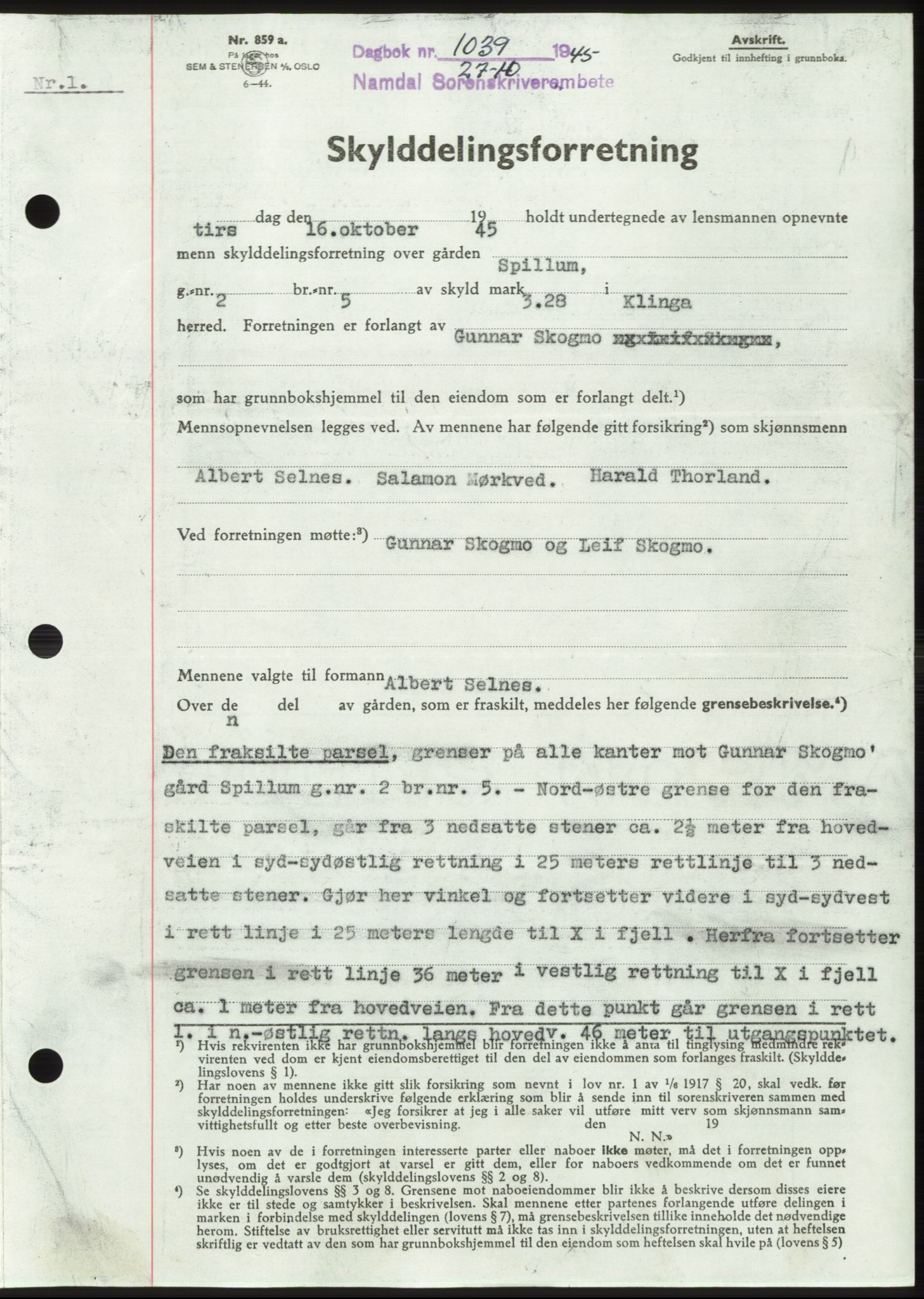 Namdal sorenskriveri, SAT/A-4133/1/2/2C: Pantebok nr. -, 1944-1945, Dagboknr: 1039/1945