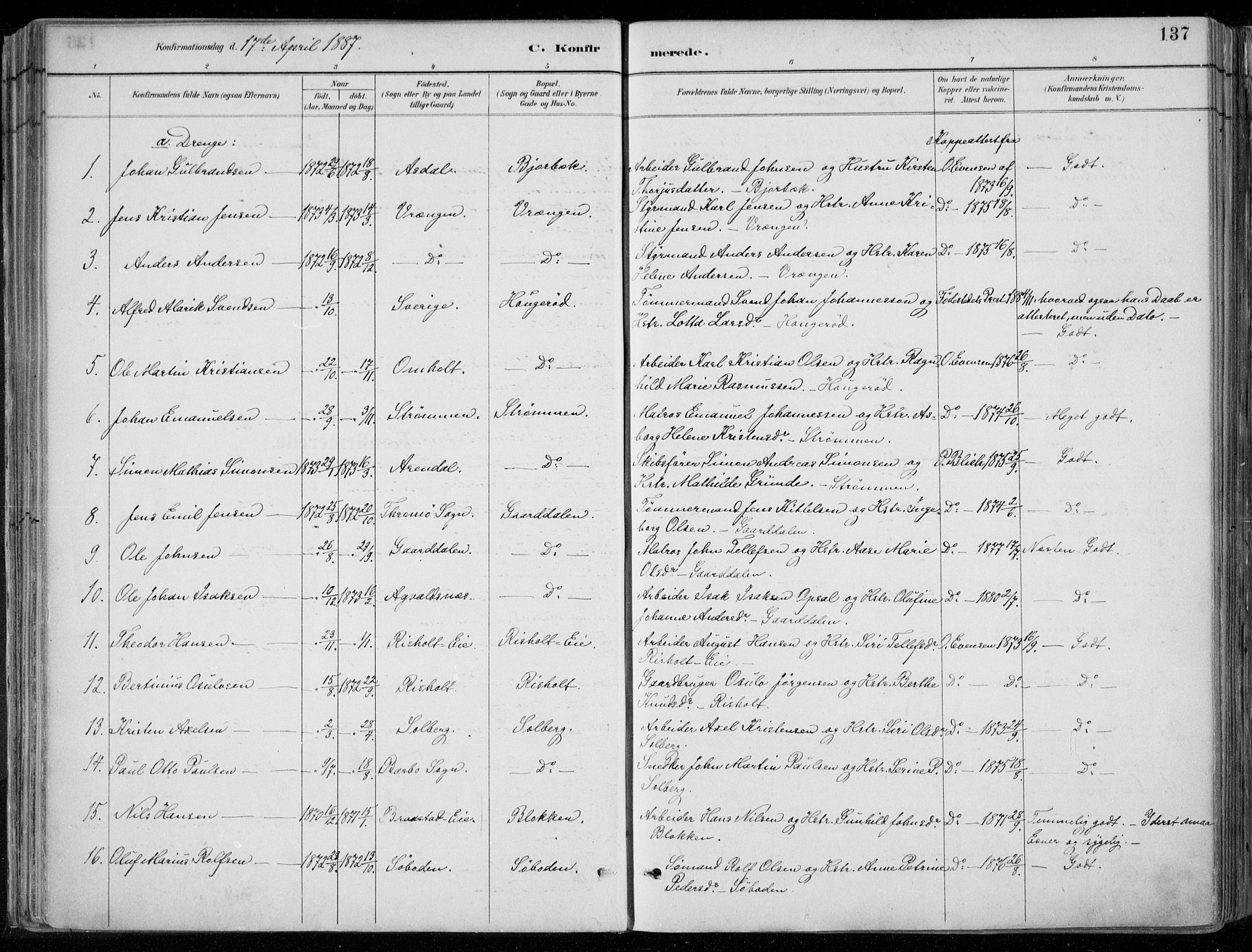 Øyestad sokneprestkontor, AV/SAK-1111-0049/F/Fa/L0017: Ministerialbok nr. A 17, 1887-1896, s. 137