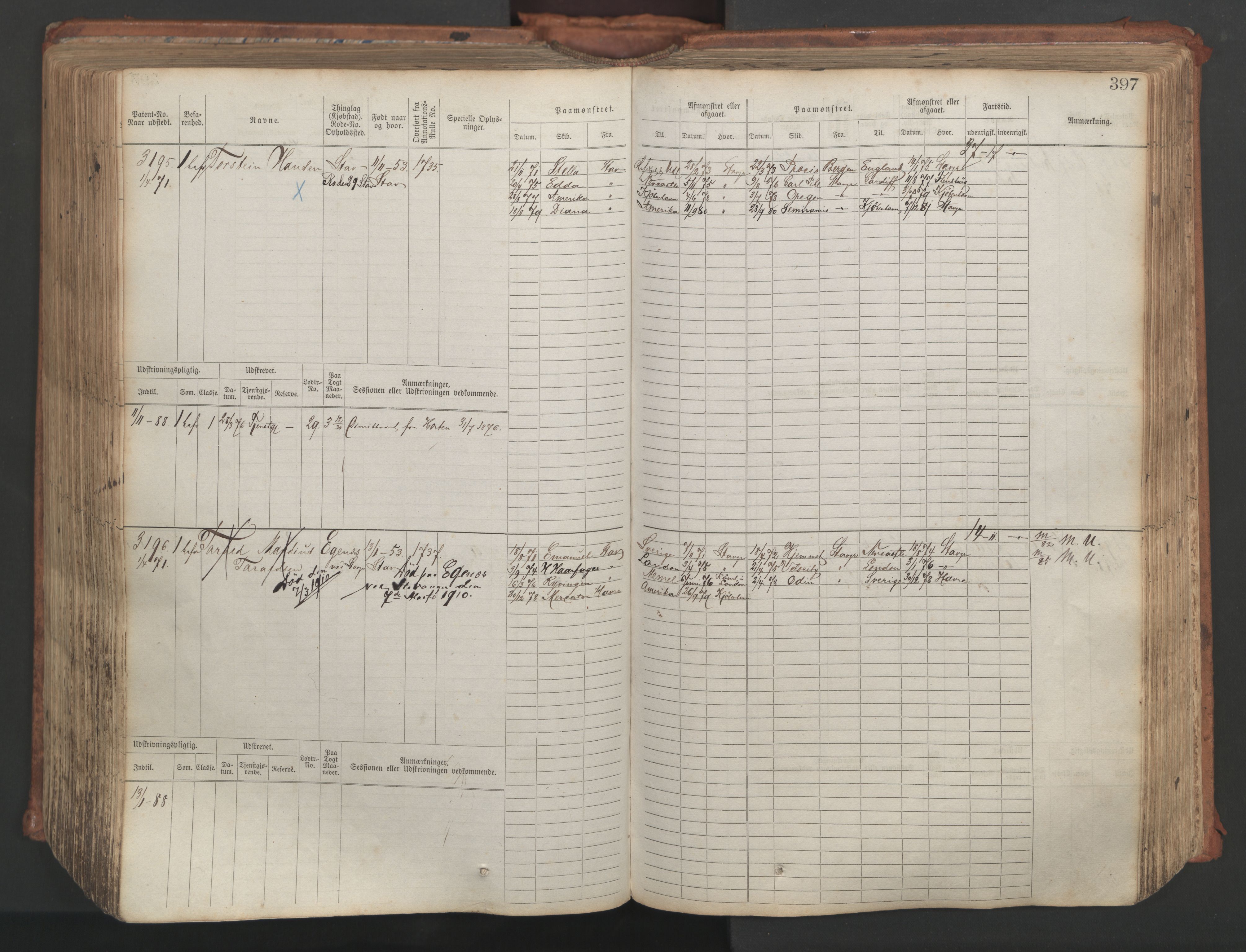 Stavanger sjømannskontor, AV/SAST-A-102006/F/Fb/Fbb/L0007: Sjøfartshovedrulle, patentnr. 2403-3604, 1869-1880, s. 444