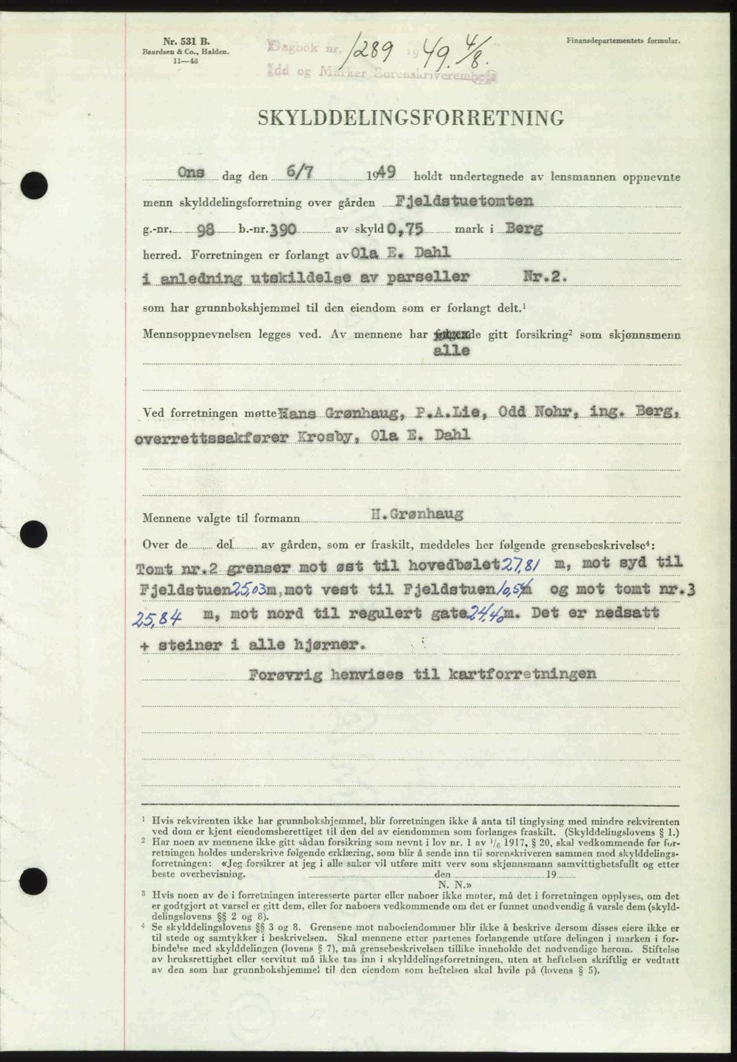 Idd og Marker sorenskriveri, SAO/A-10283/G/Gb/Gbb/L0012: Pantebok nr. A12, 1949-1949, Dagboknr: 1289/1949
