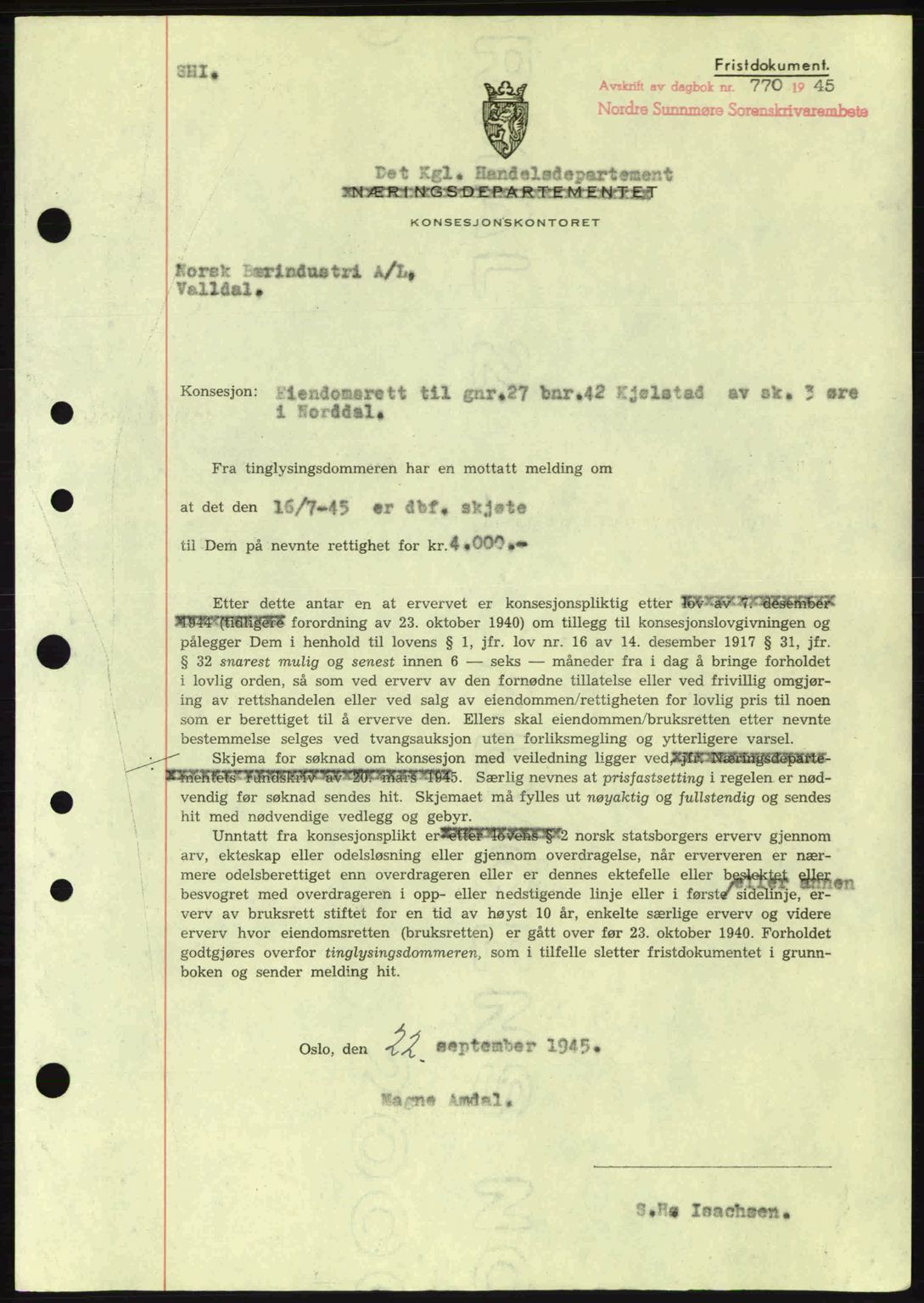 Nordre Sunnmøre sorenskriveri, AV/SAT-A-0006/1/2/2C/2Ca: Pantebok nr. B6-14 a, 1942-1945, Dagboknr: 770/1945