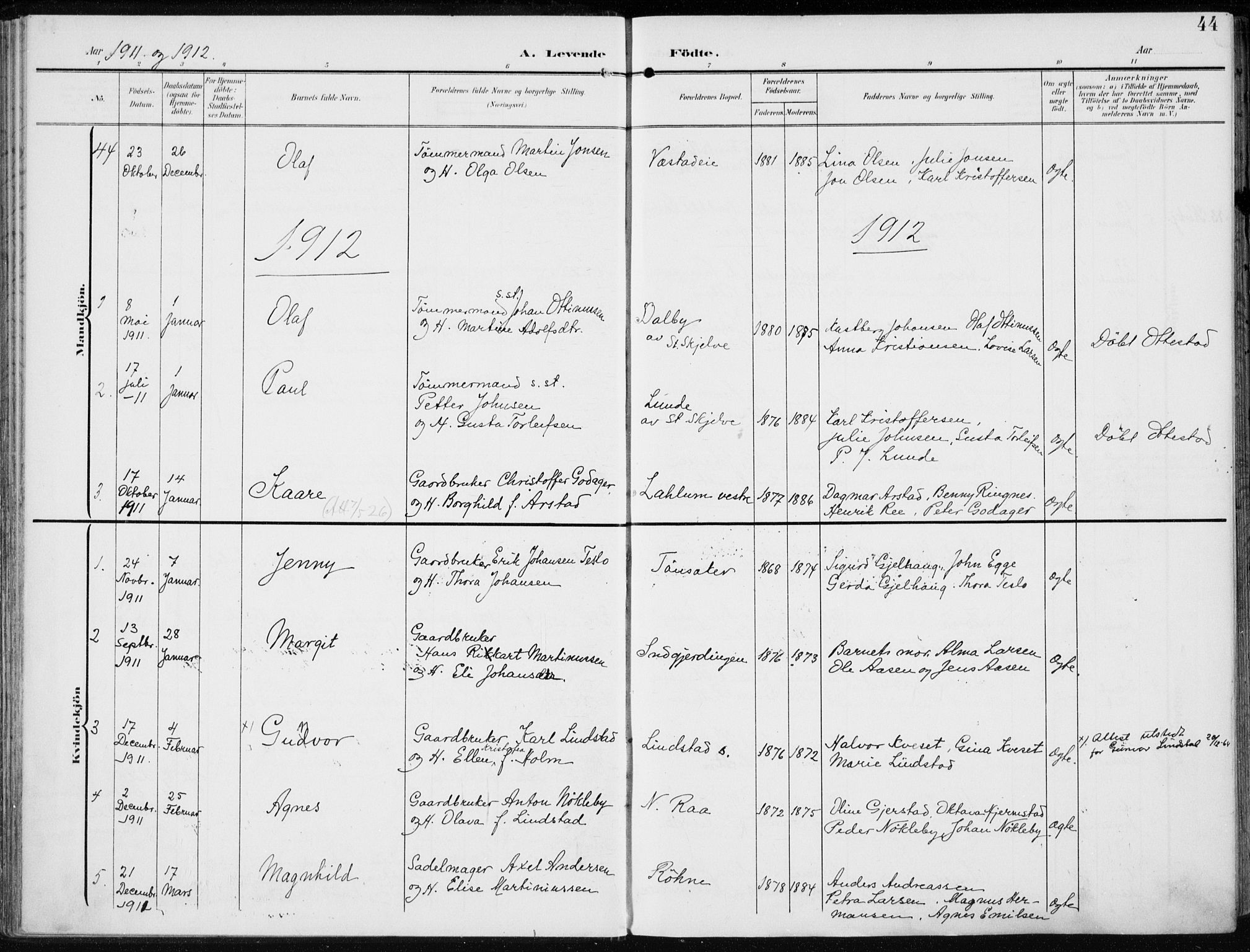 Stange prestekontor, SAH/PREST-002/K/L0024: Ministerialbok nr. 24, 1906-1922, s. 44