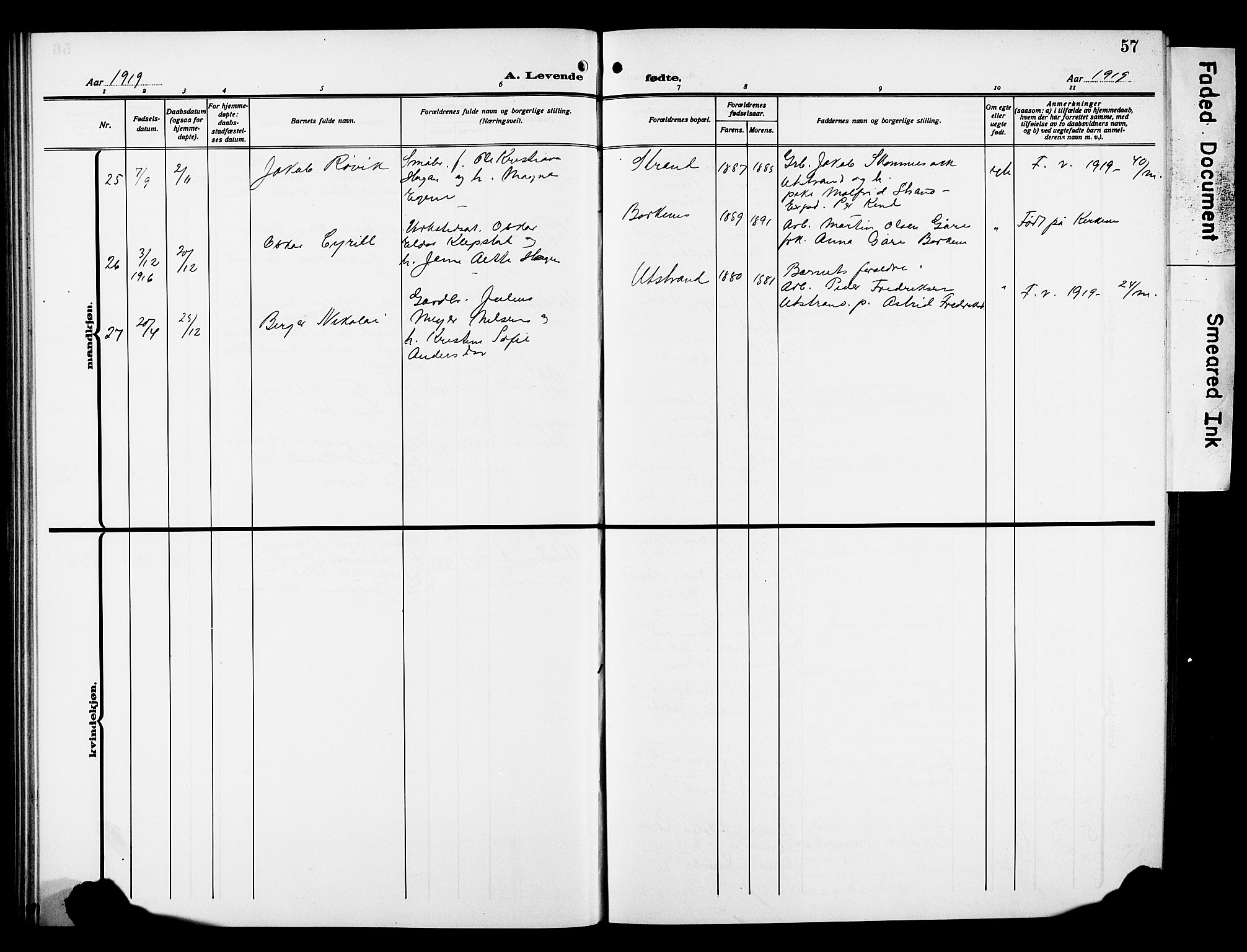 Kvæfjord sokneprestkontor, AV/SATØ-S-1323/G/Ga/Gab/L0006klokker: Klokkerbok nr. 6, 1912-1931, s. 57