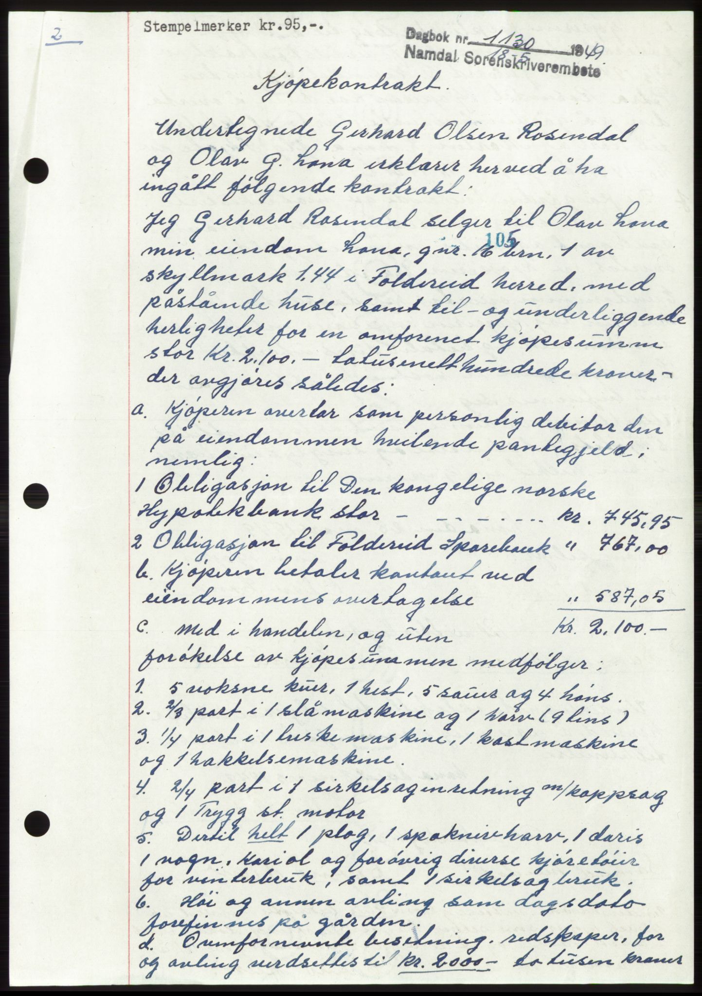 Namdal sorenskriveri, SAT/A-4133/1/2/2C: Pantebok nr. -, 1949-1949, Dagboknr: 1130/1949