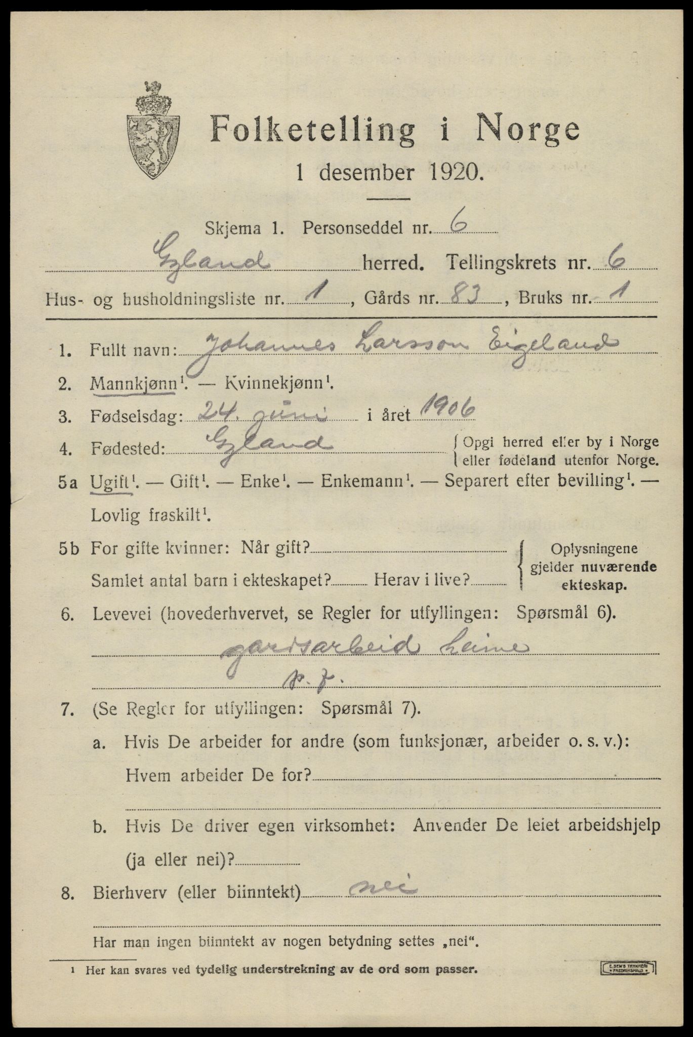 SAK, Folketelling 1920 for 1044 Gyland herred, 1920, s. 1330