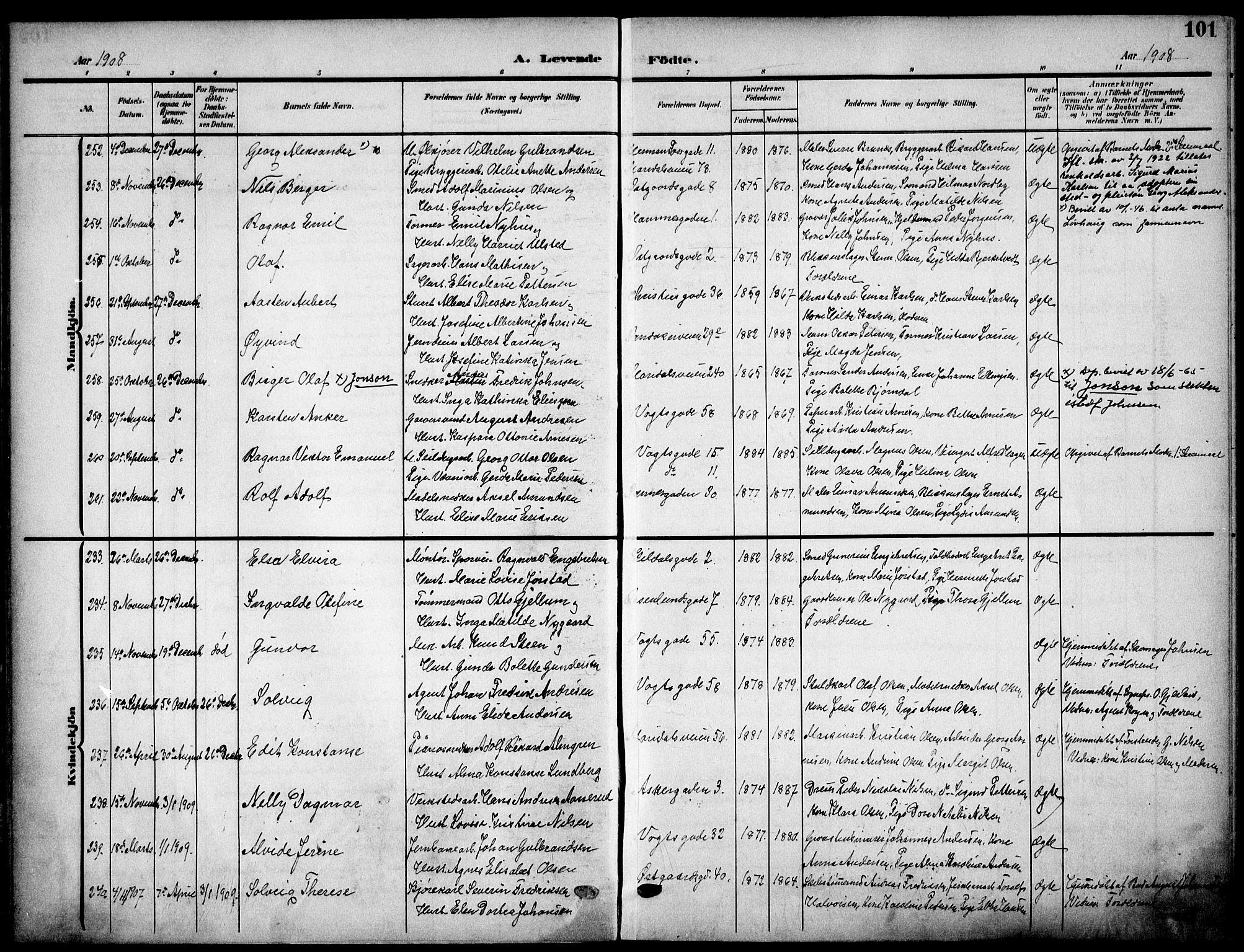 Sagene prestekontor Kirkebøker, AV/SAO-A-10796/F/L0007: Ministerialbok nr. 7, 1905-1915, s. 101