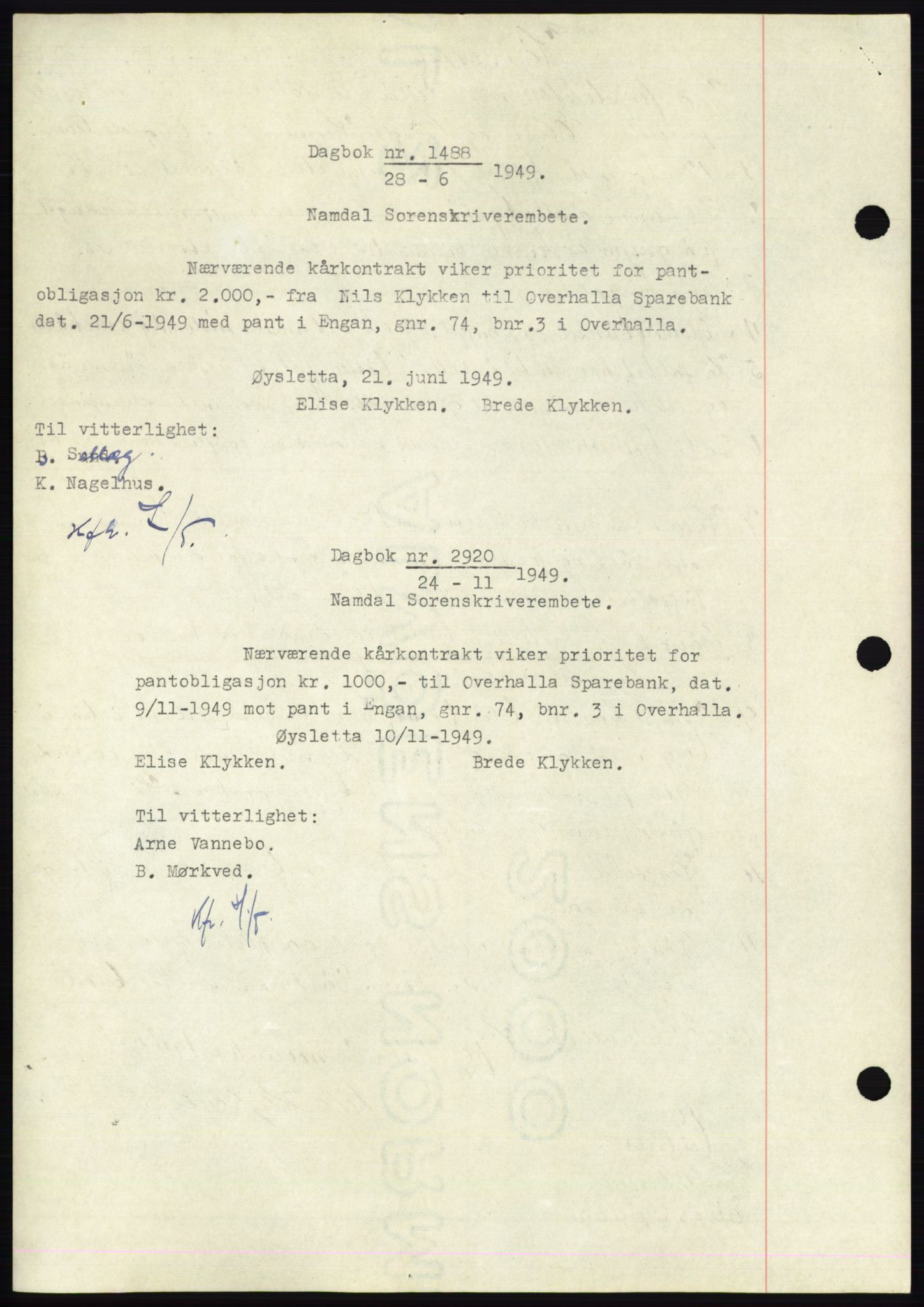 Namdal sorenskriveri, SAT/A-4133/1/2/2C: Pantebok nr. -, 1946-1947, Dagboknr: 1488/1946