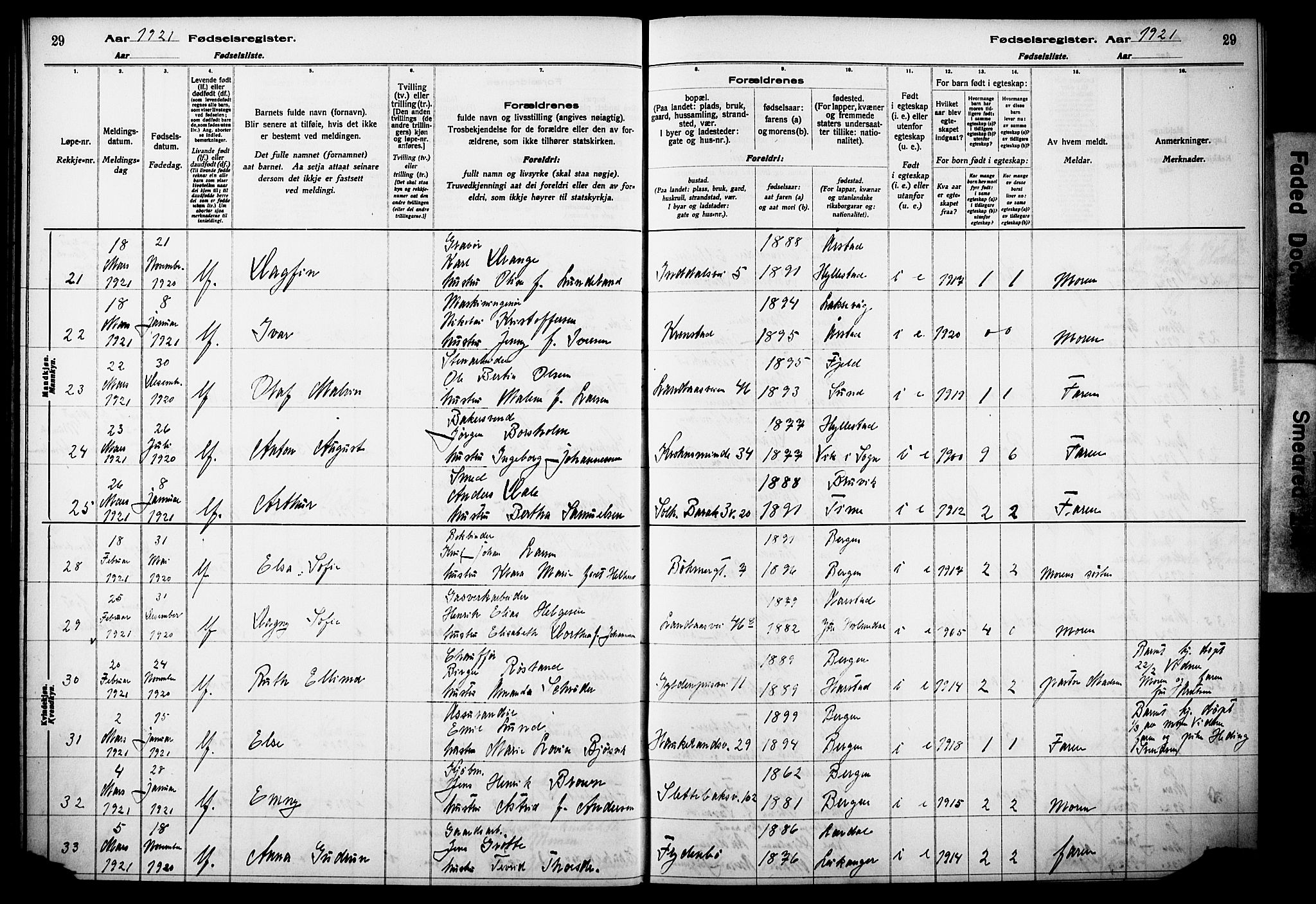 Årstad Sokneprestembete, AV/SAB-A-79301/I/Id/L0A02: Fødselsregister nr. A 2, 1920-1924, s. 29