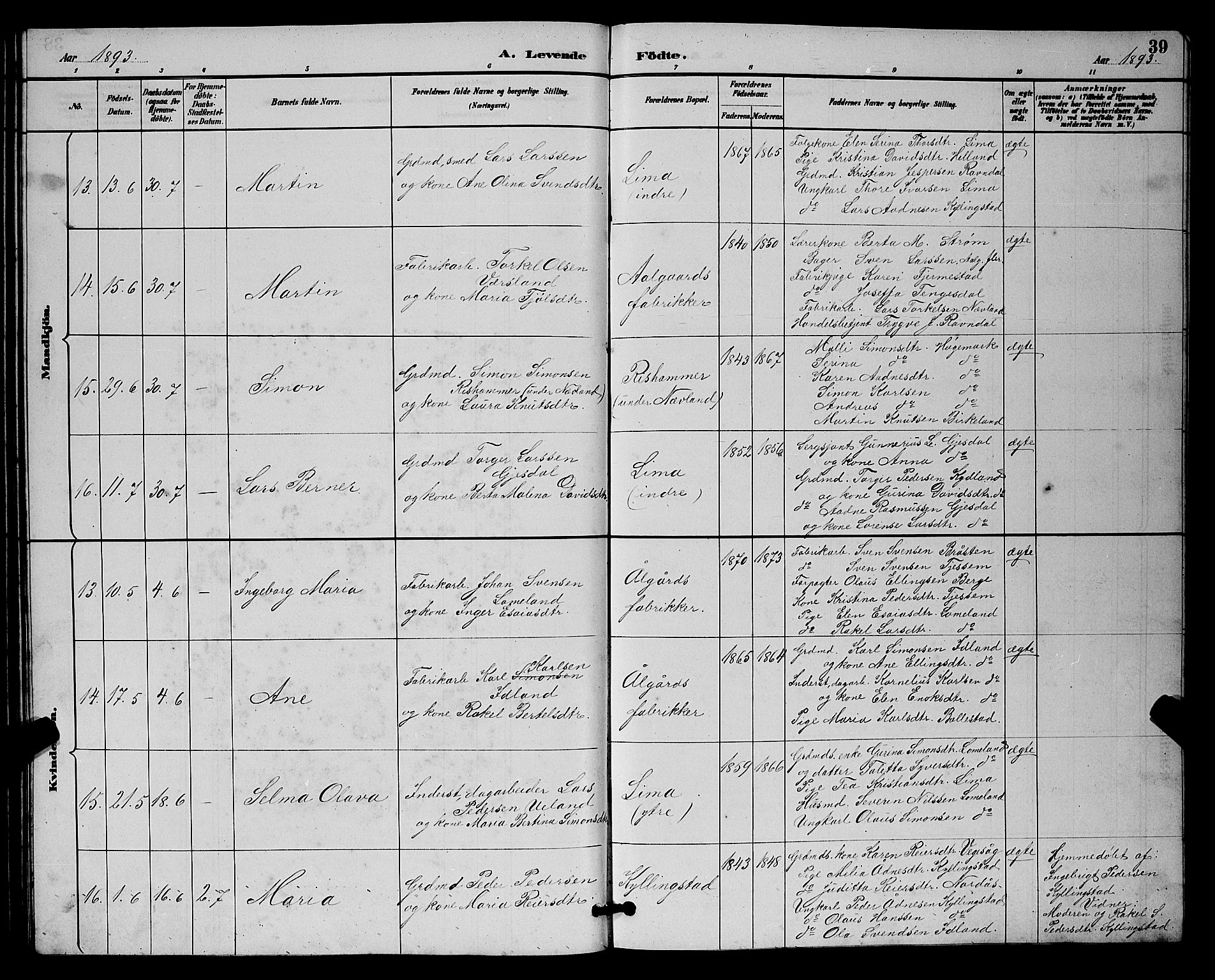 Lye sokneprestkontor, AV/SAST-A-101794/001/30BB/L0008: Klokkerbok nr. B 7, 1887-1901, s. 39
