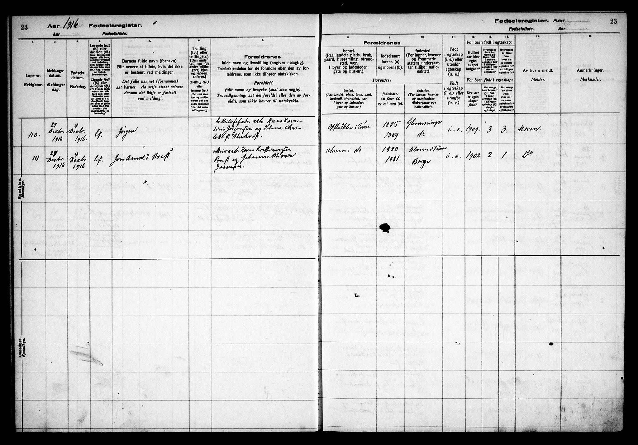 Tune prestekontor Kirkebøker, AV/SAO-A-2007/J/Ja/L0001: Fødselsregister nr. I 1, 1916-1928, s. 23
