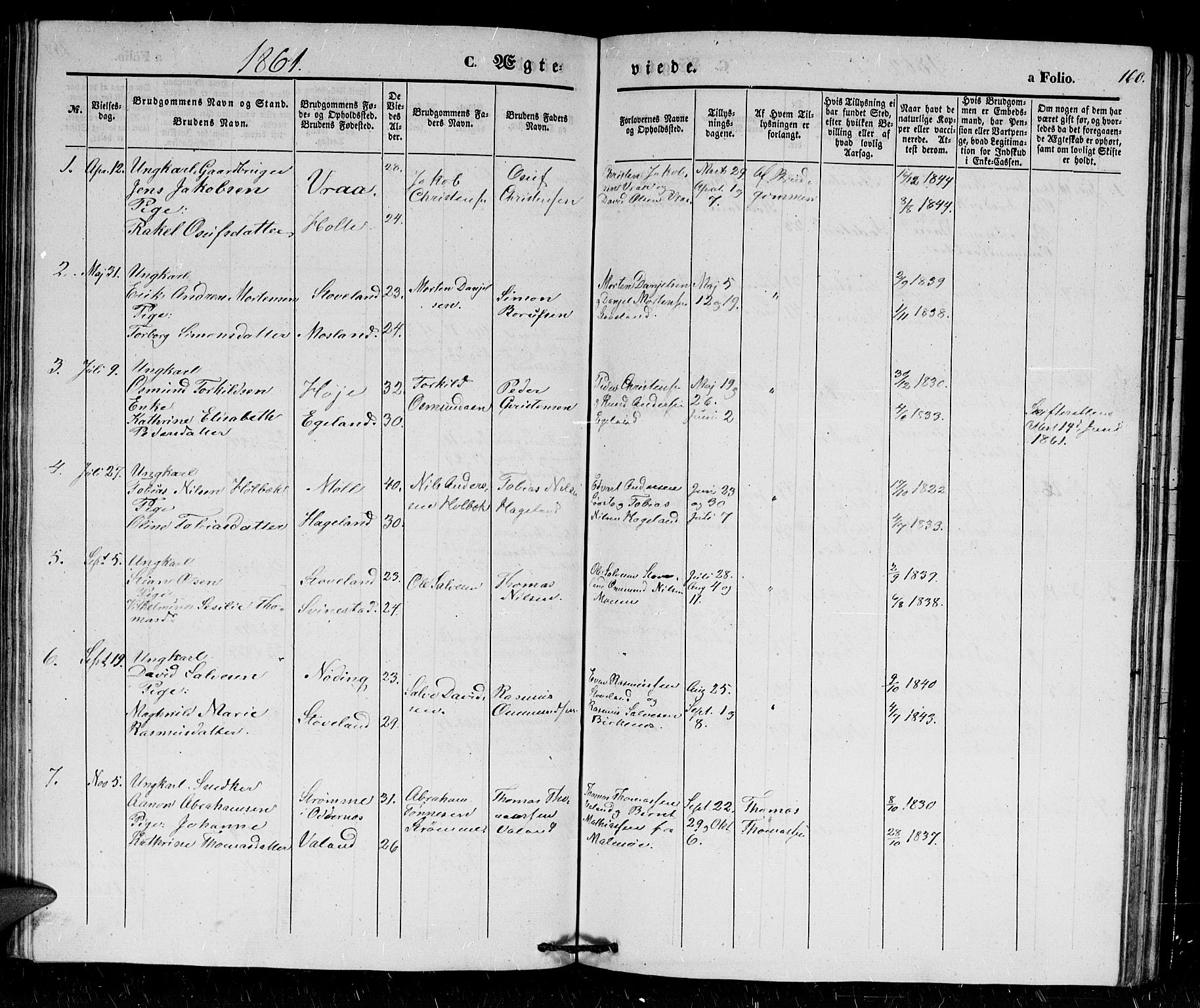 Holum sokneprestkontor, AV/SAK-1111-0022/F/Fb/Fba/L0003: Klokkerbok nr. B 3, 1850-1866, s. 160