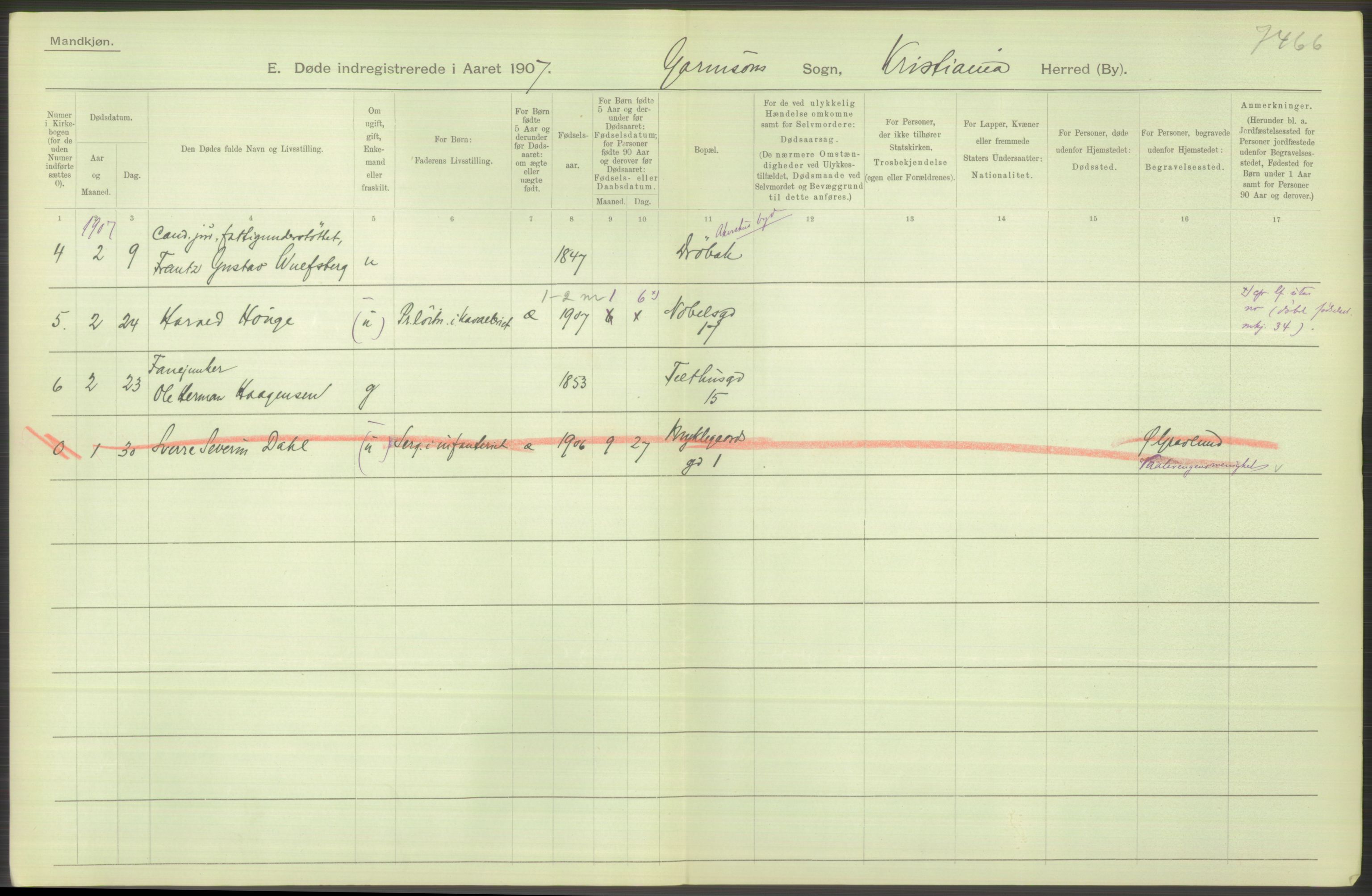 Statistisk sentralbyrå, Sosiodemografiske emner, Befolkning, AV/RA-S-2228/D/Df/Dfa/Dfae/L0009: Kristiania: Døde, 1907, s. 146