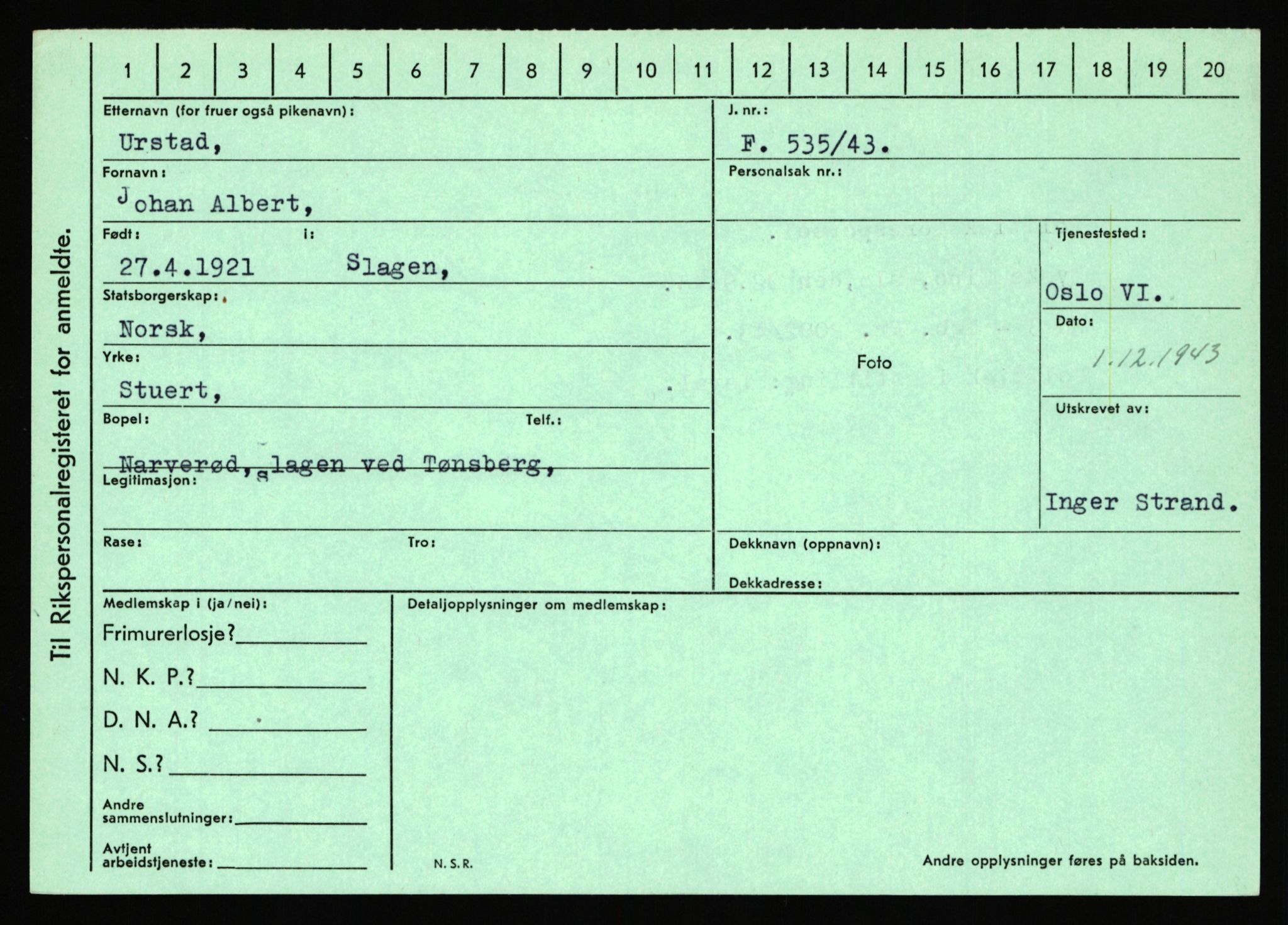 Statspolitiet - Hovedkontoret / Osloavdelingen, AV/RA-S-1329/C/Ca/L0016: Uberg - Øystese, 1943-1945, s. 321