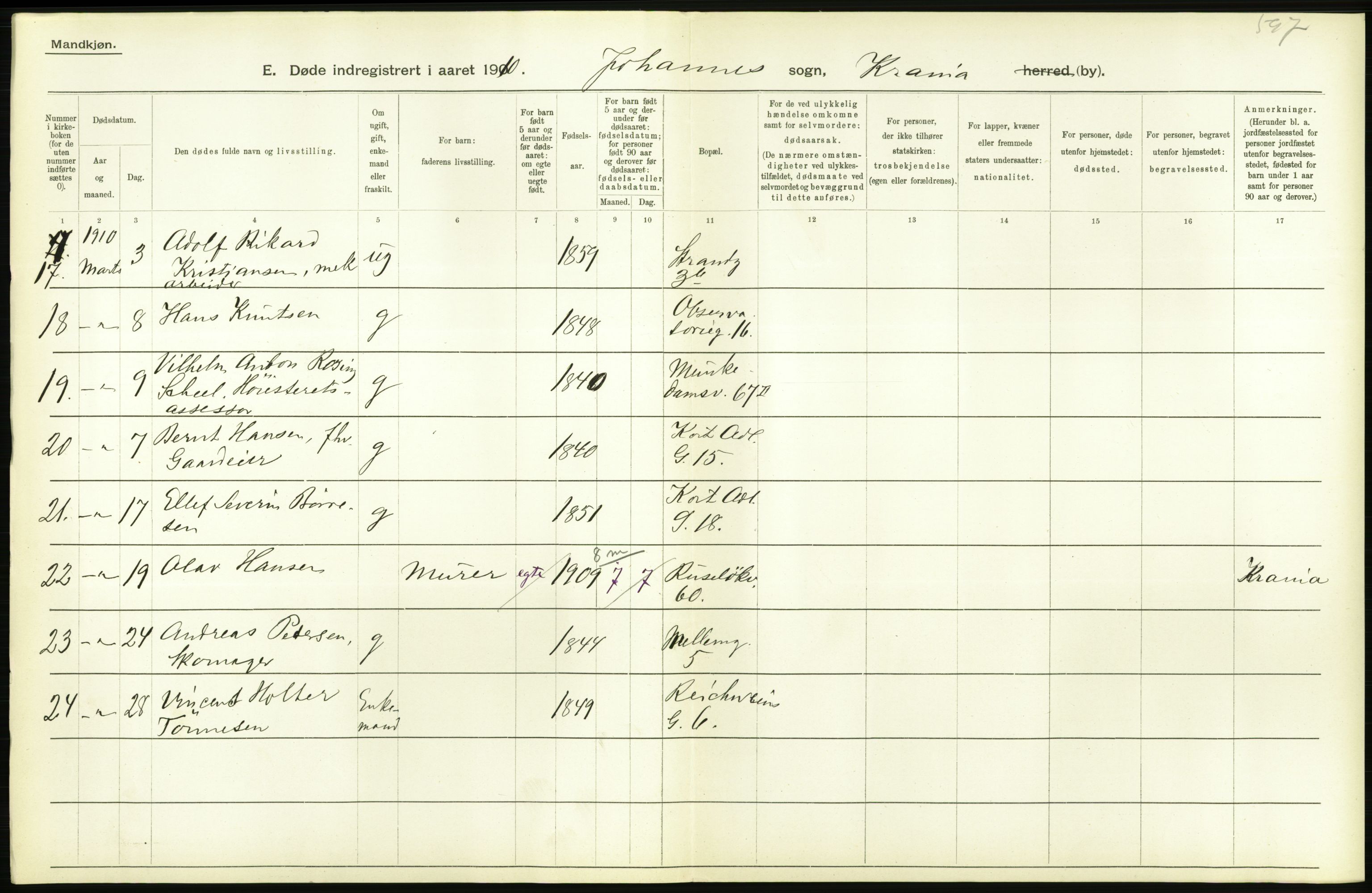 Statistisk sentralbyrå, Sosiodemografiske emner, Befolkning, RA/S-2228/D/Df/Dfa/Dfah/L0008: Kristiania: Døde, 1910, s. 784