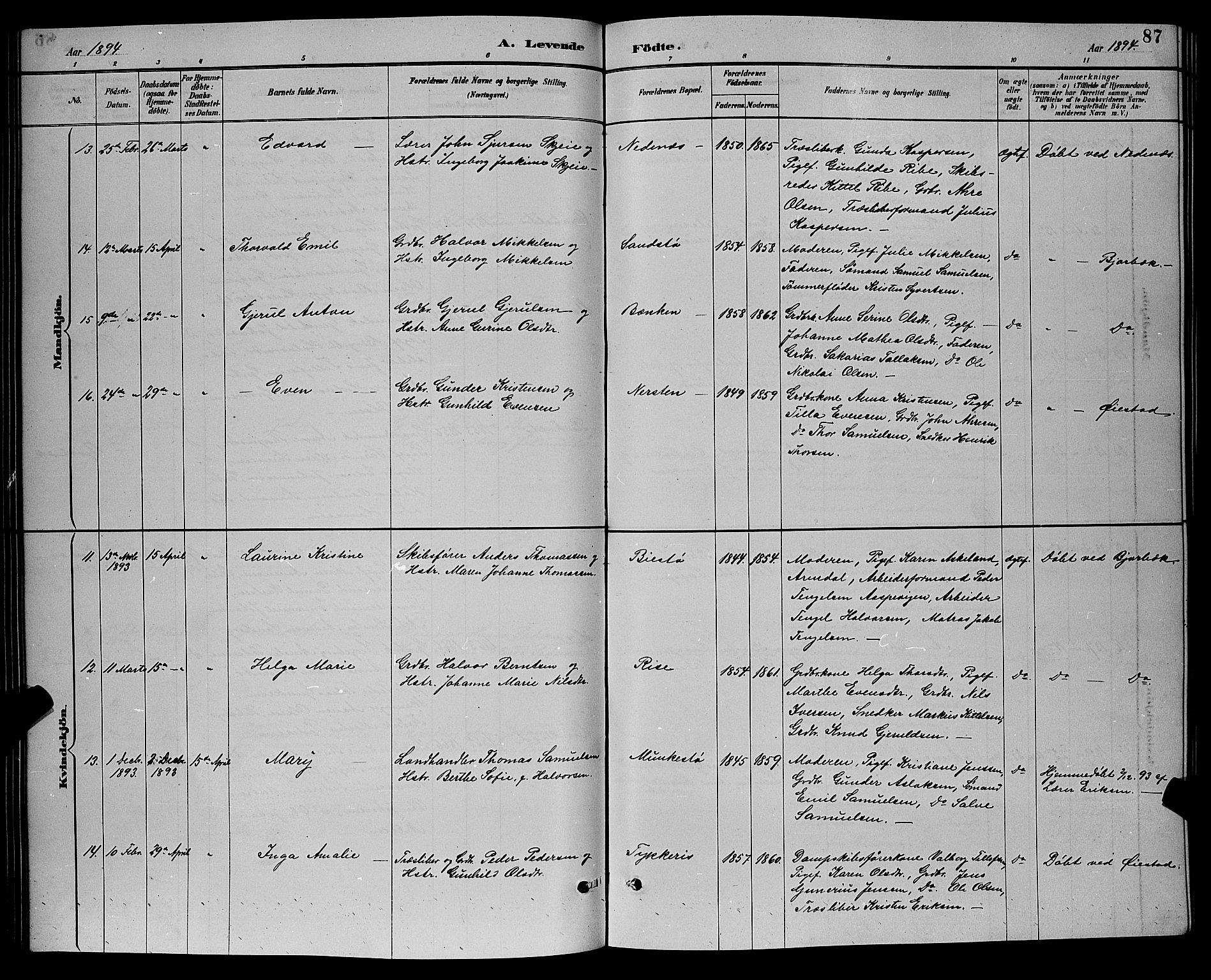 Øyestad sokneprestkontor, AV/SAK-1111-0049/F/Fb/L0009: Klokkerbok nr. B 9, 1886-1896, s. 87