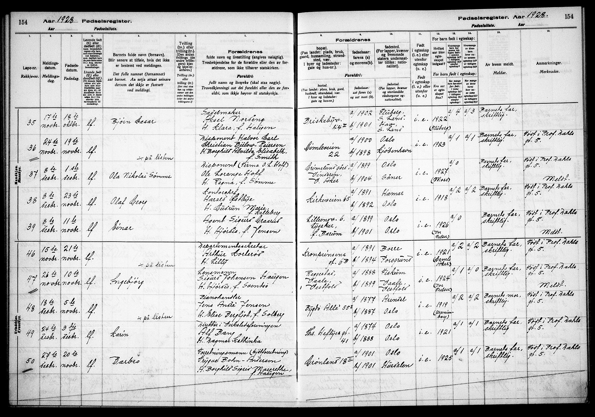 Uranienborg prestekontor Kirkebøker, SAO/A-10877/J/Ja/L0001: Fødselsregister nr. 1, 1916-1930, s. 154