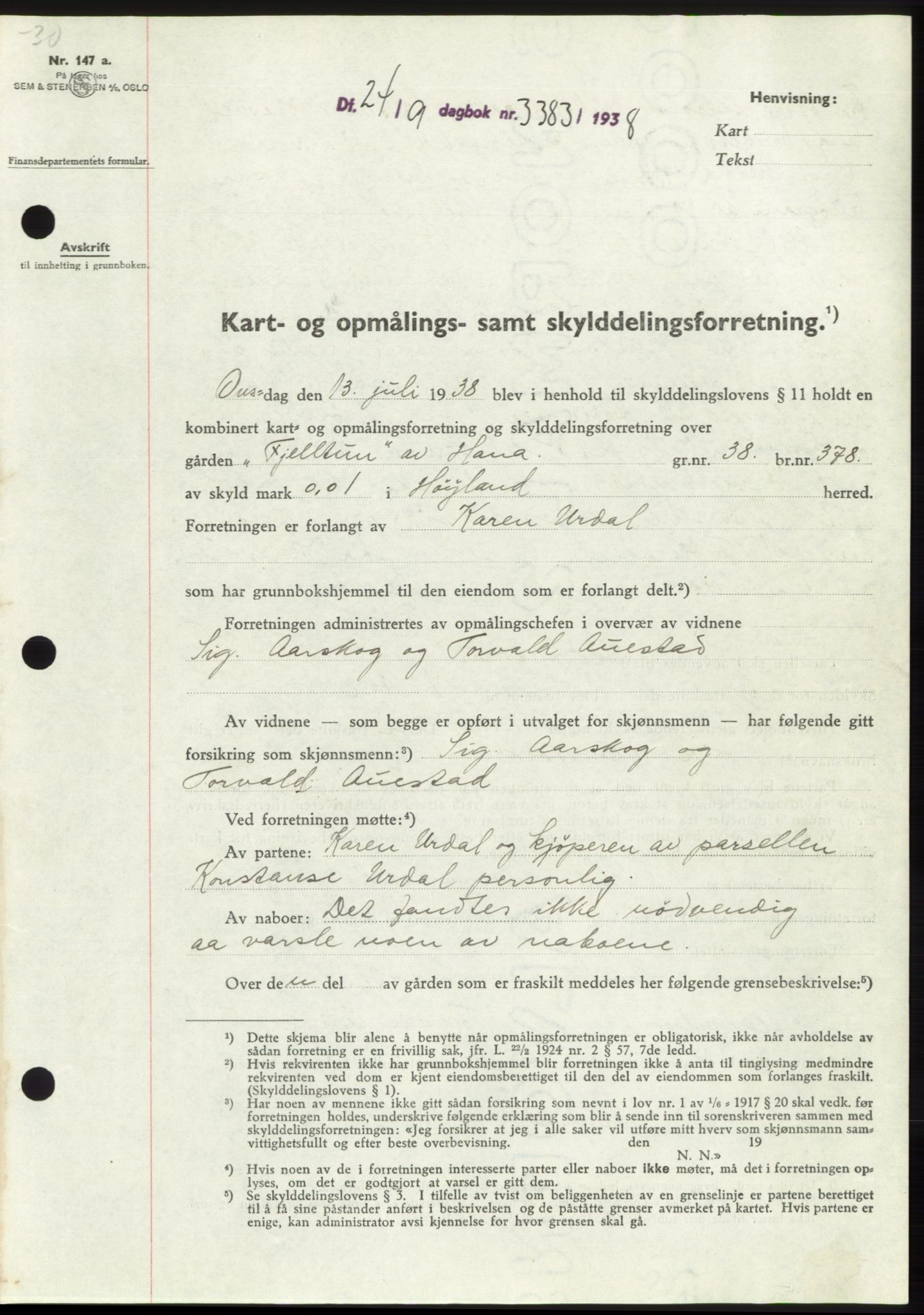 Jæren sorenskriveri, SAST/A-100310/03/G/Gba/L0072: Pantebok, 1938-1938, Dagboknr: 3383/1938
