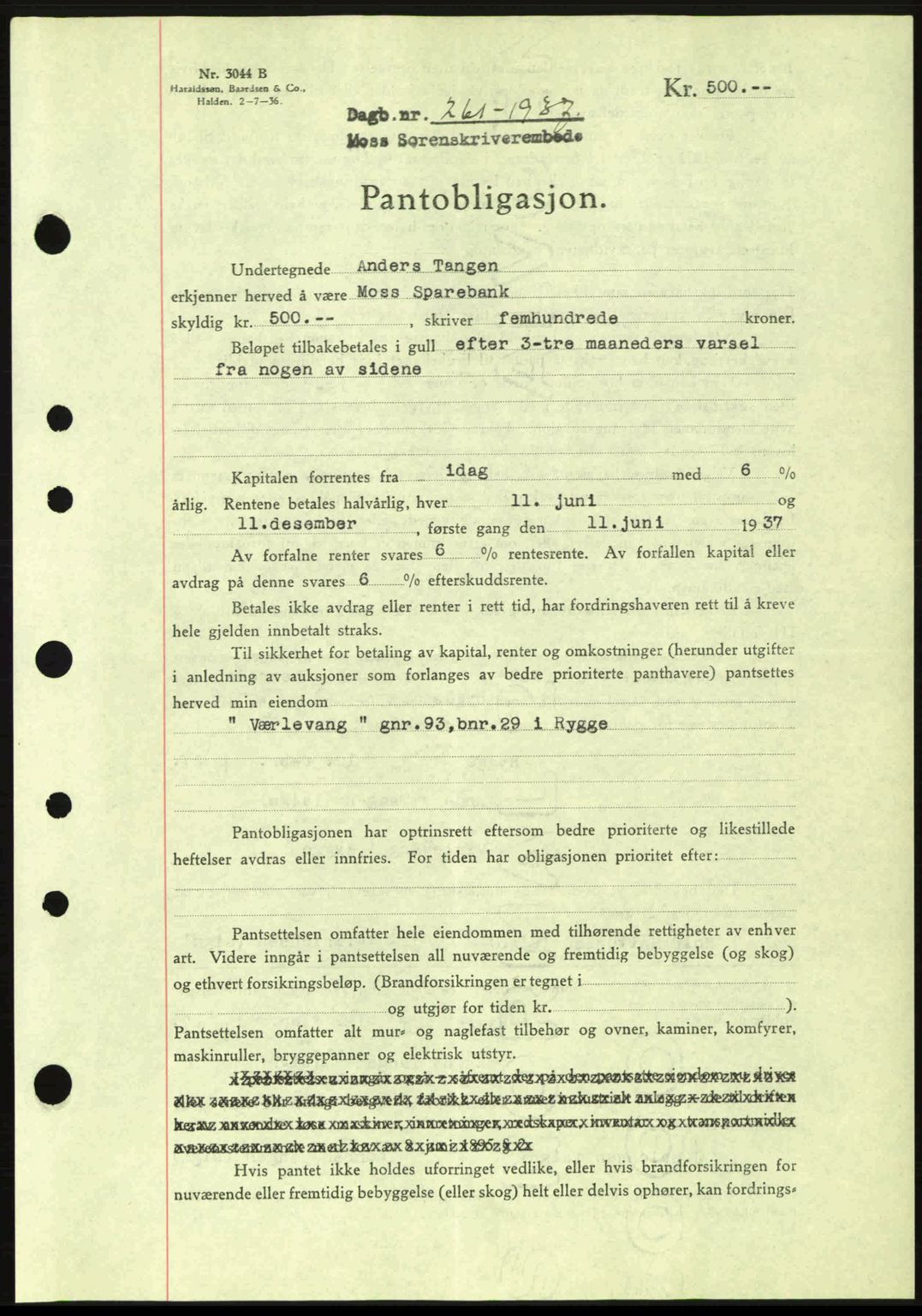 Moss sorenskriveri, SAO/A-10168: Pantebok nr. B3, 1937-1937, Dagboknr: 261/1937