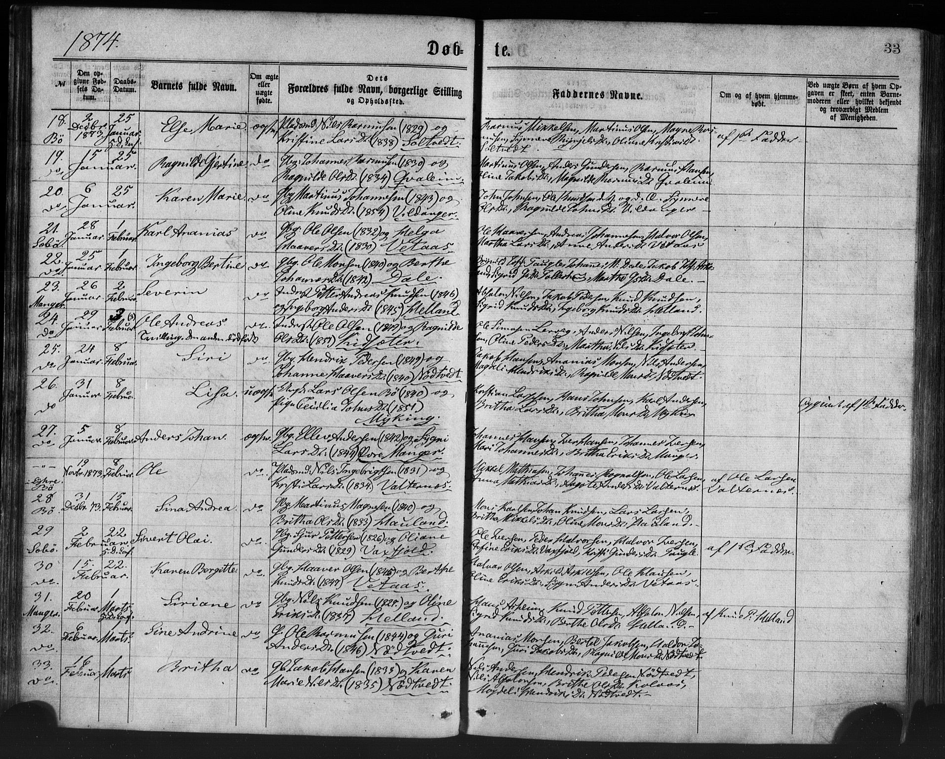 Manger sokneprestembete, AV/SAB-A-76801/H/Haa: Ministerialbok nr. A 8, 1871-1880, s. 33