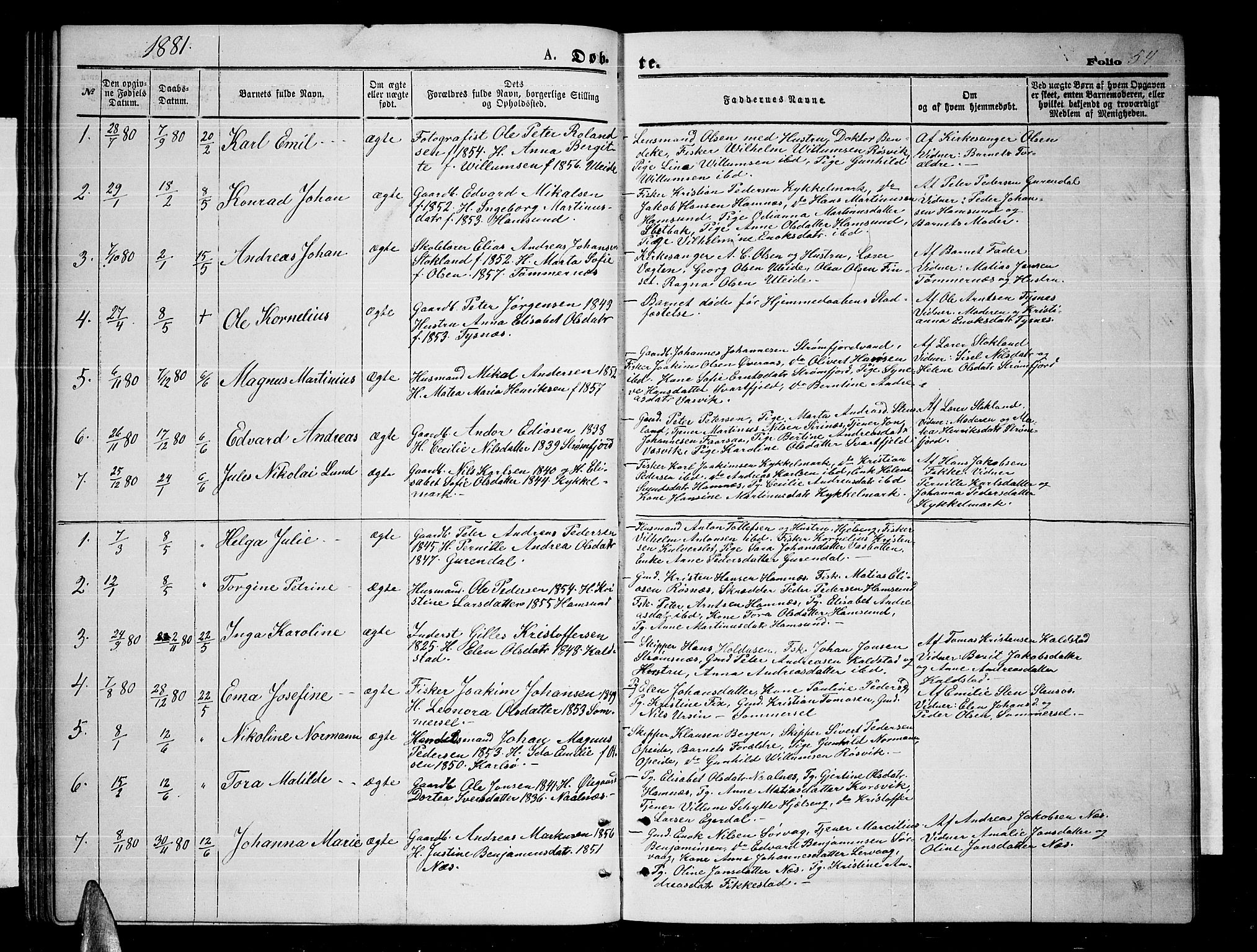 Ministerialprotokoller, klokkerbøker og fødselsregistre - Nordland, AV/SAT-A-1459/859/L0858: Klokkerbok nr. 859C04, 1873-1886, s. 54