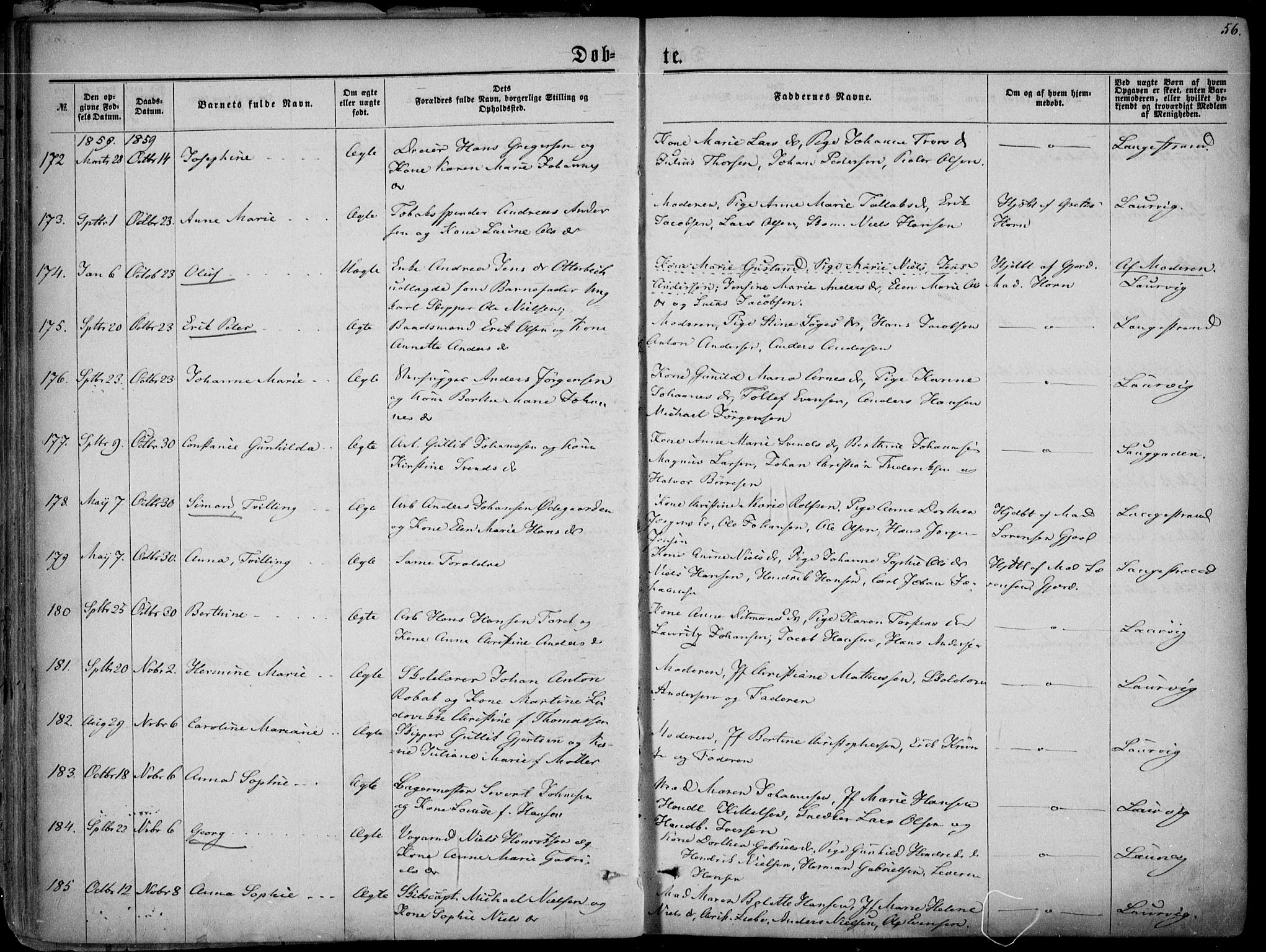 Larvik kirkebøker, AV/SAKO-A-352/F/Fa/L0004: Ministerialbok nr. I 4, 1856-1870, s. 56