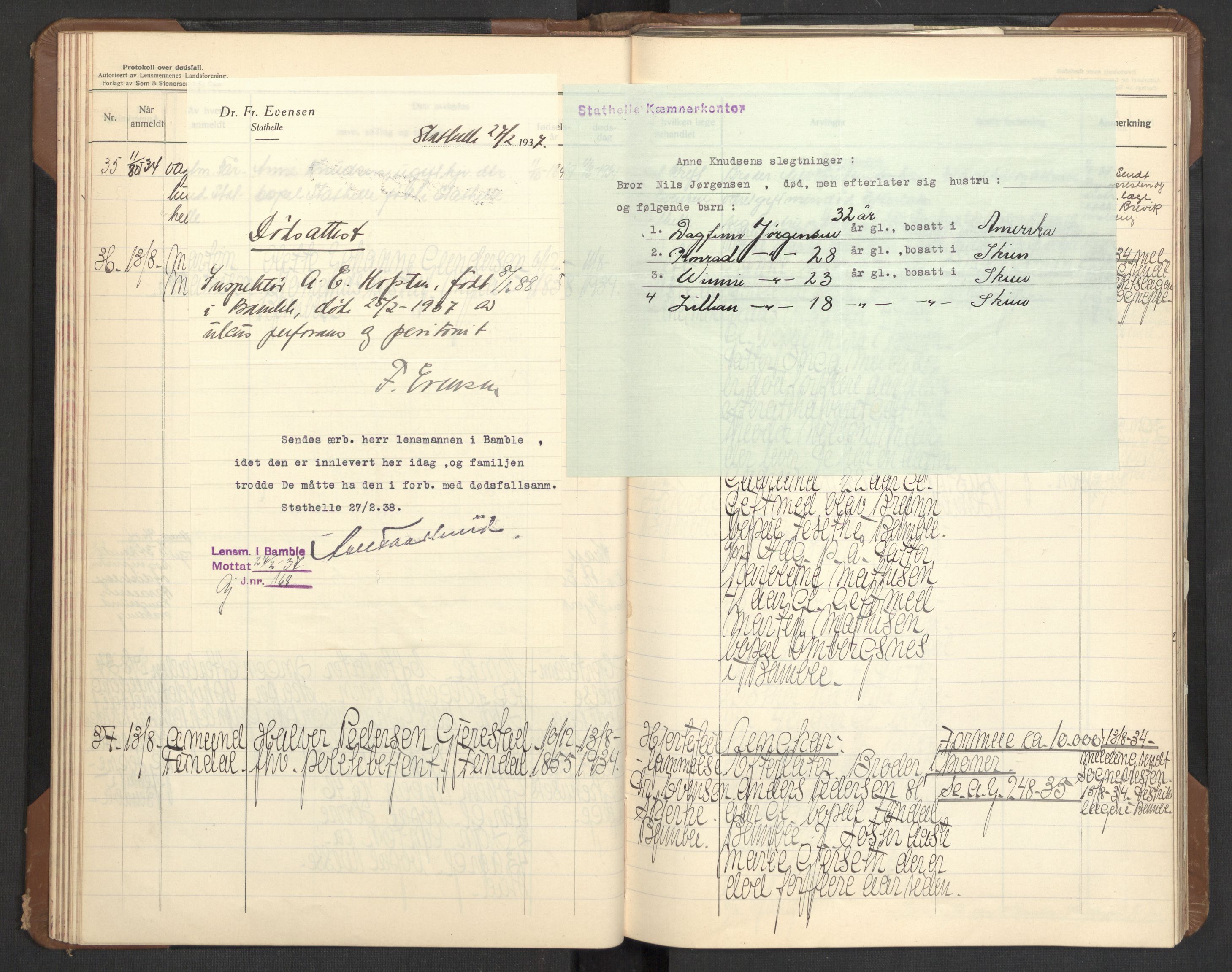 Bamble lensmannskontor, SAKO/A-552/H/Ha/Haa/L0006: Dødsfallsprotokoll, 1932-1938