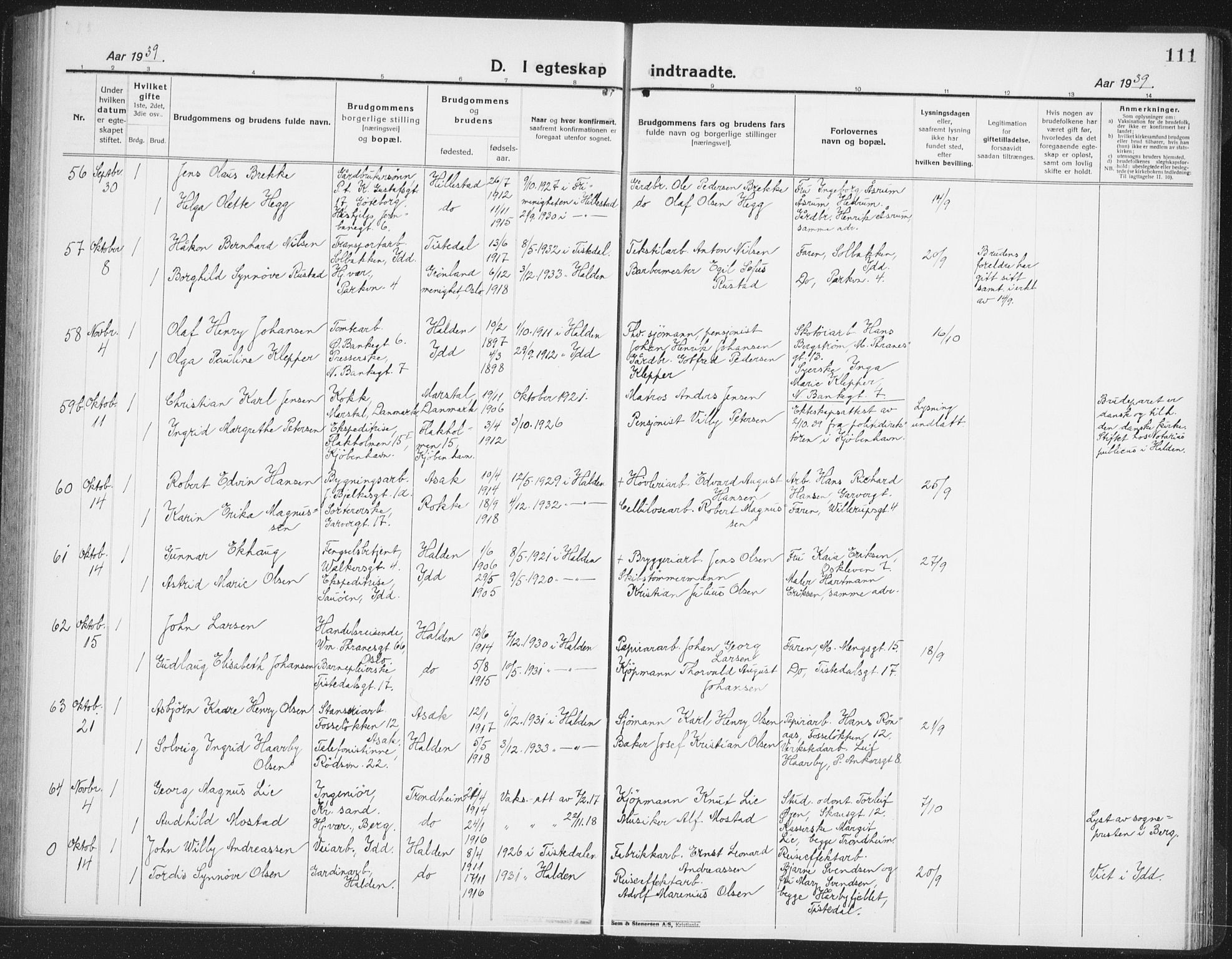 Halden prestekontor Kirkebøker, AV/SAO-A-10909/G/Ga/L0014: Klokkerbok nr. 14, 1925-1943, s. 111