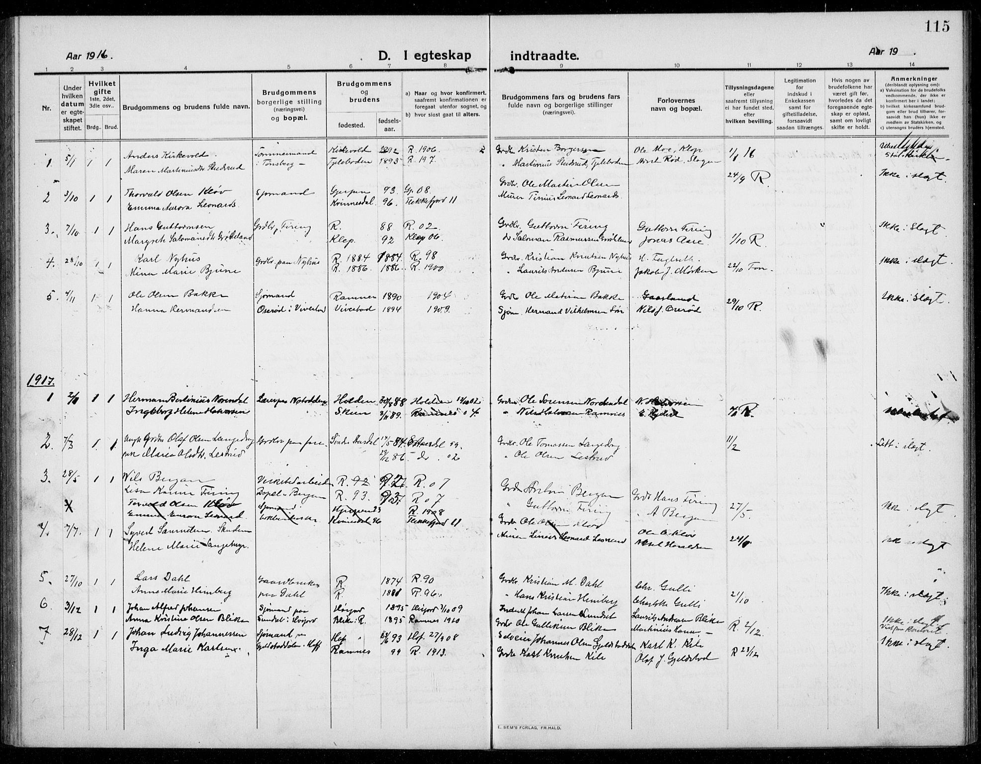 Ramnes kirkebøker, AV/SAKO-A-314/G/Ga/L0005: Klokkerbok nr. I 5, 1912-1936, s. 115