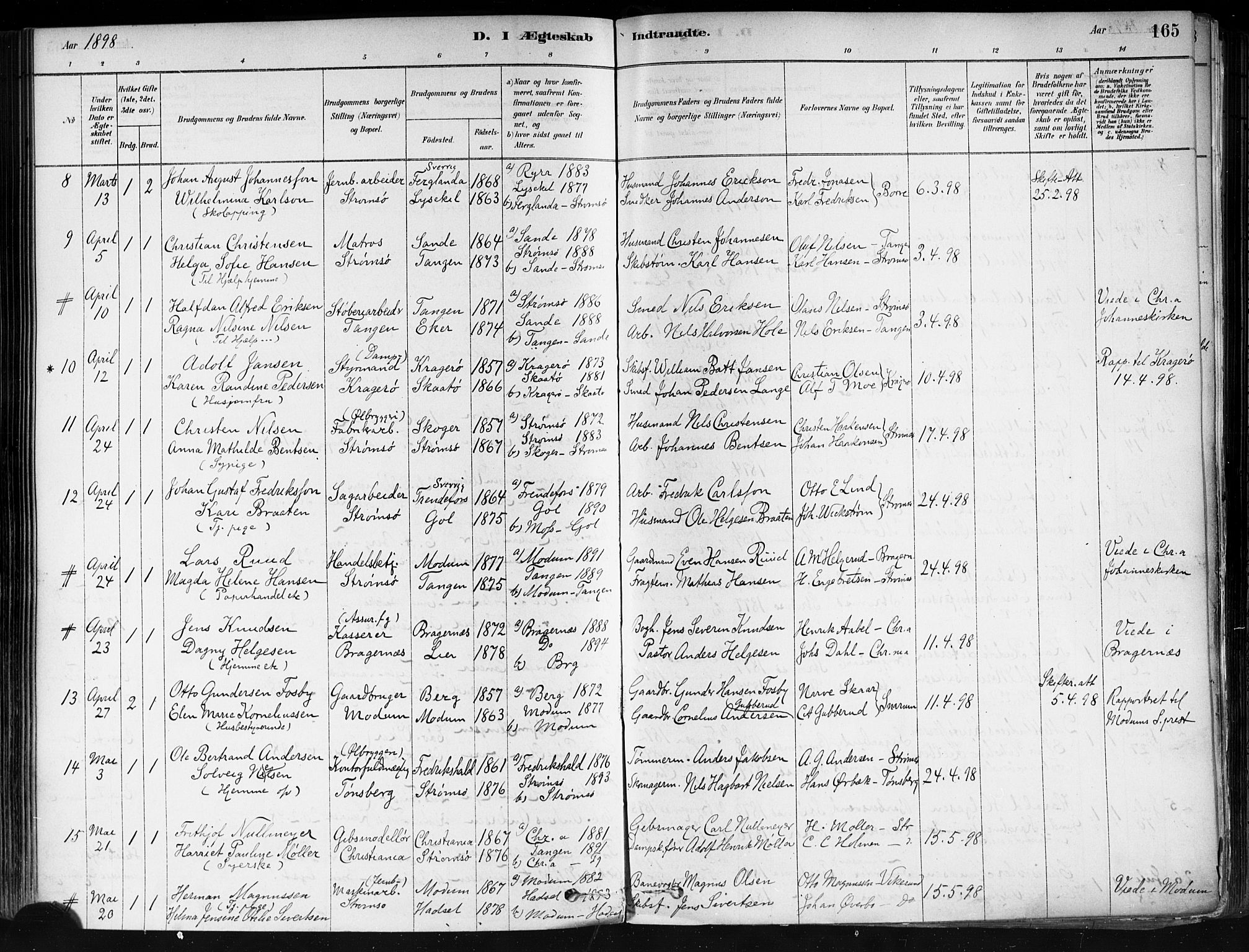 Strømsø kirkebøker, AV/SAKO-A-246/F/Fa/L0022: Ministerialbok nr. I 22, 1879-1899, s. 165