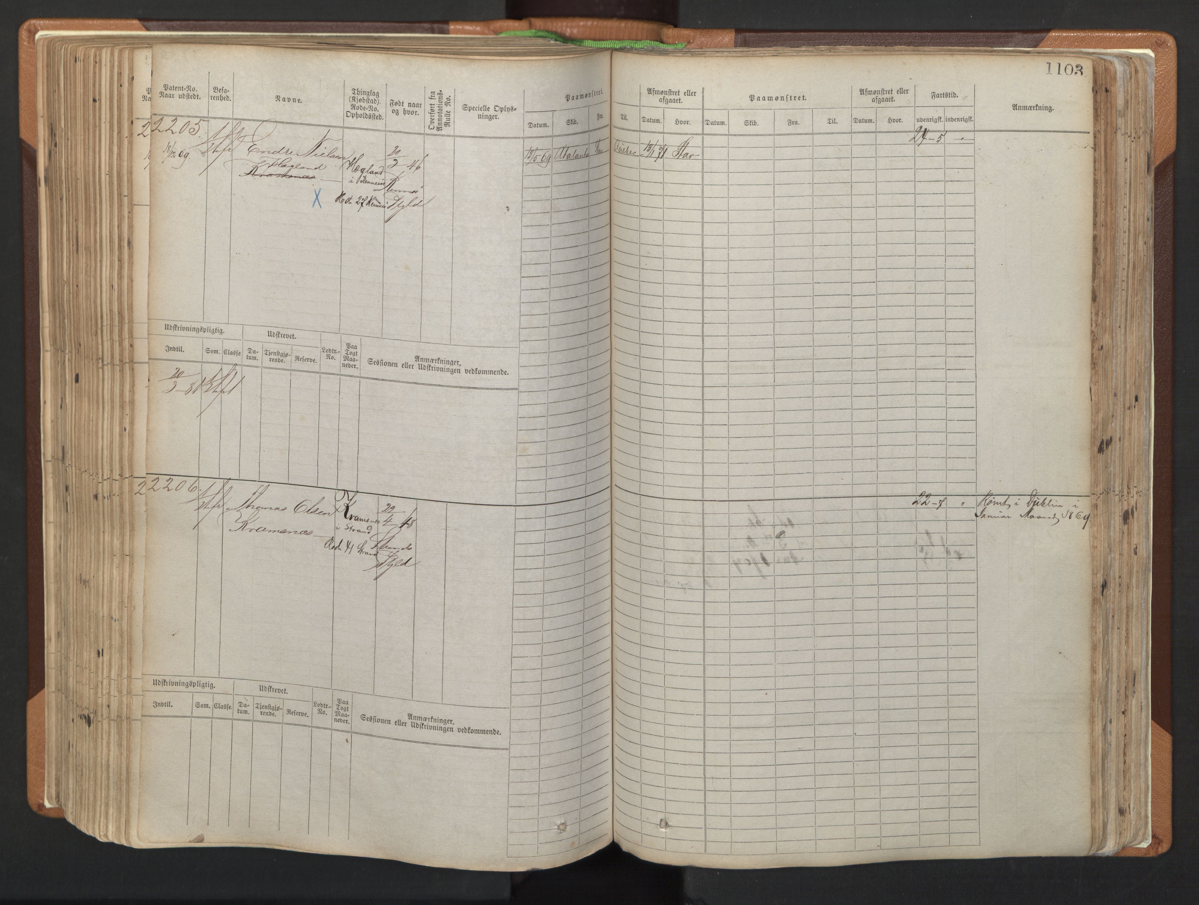 Stavanger sjømannskontor, AV/SAST-A-102006/F/Fb/Fbb/L0006: Sjøfartshovedrulle, patentnr. 1607-2402 (del 3), 1869-1880, s. 303