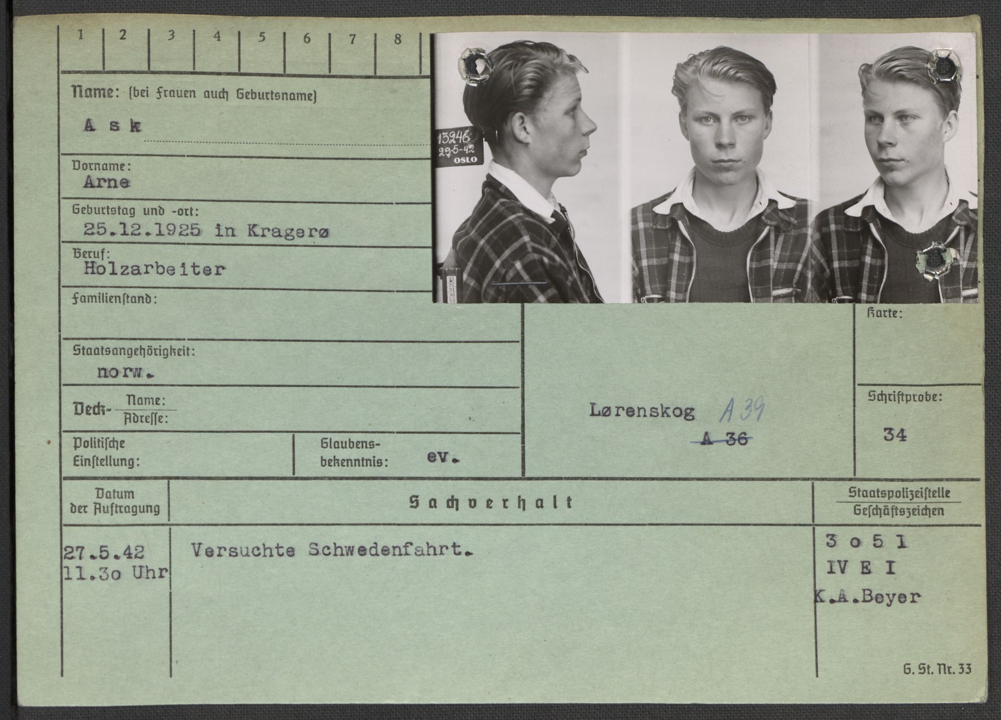 Befehlshaber der Sicherheitspolizei und des SD, RA/RAFA-5969/E/Ea/Eaa/L0001: Register over norske fanger i Møllergata 19: A-Bj, 1940-1945, s. 640