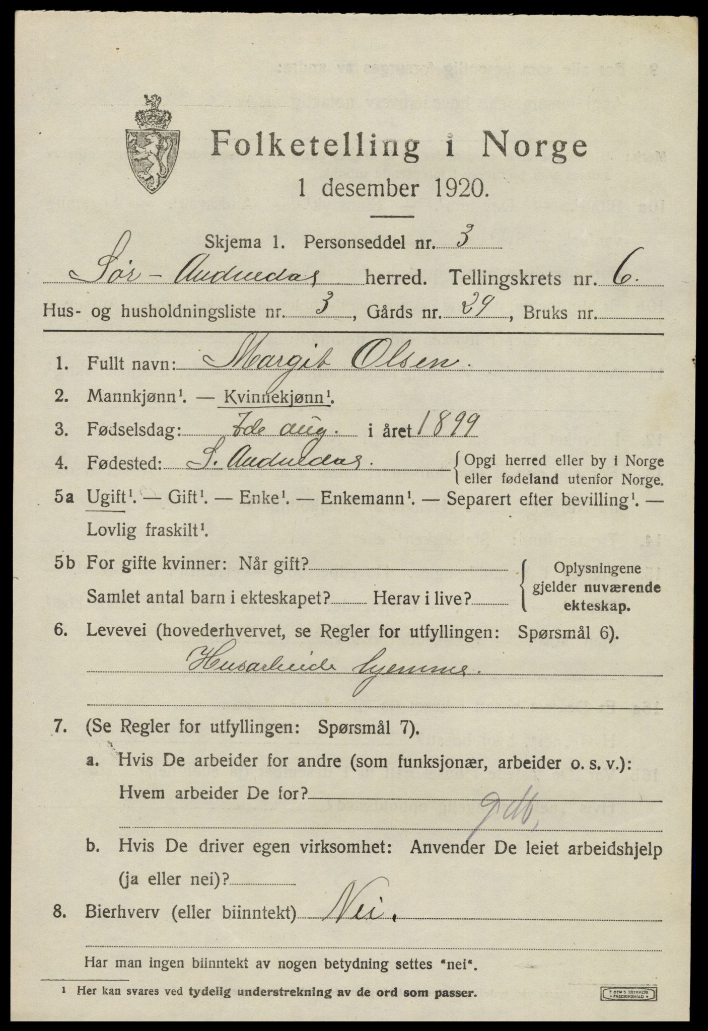 SAK, Folketelling 1920 for 1029 Sør-Audnedal herred, 1920, s. 2713