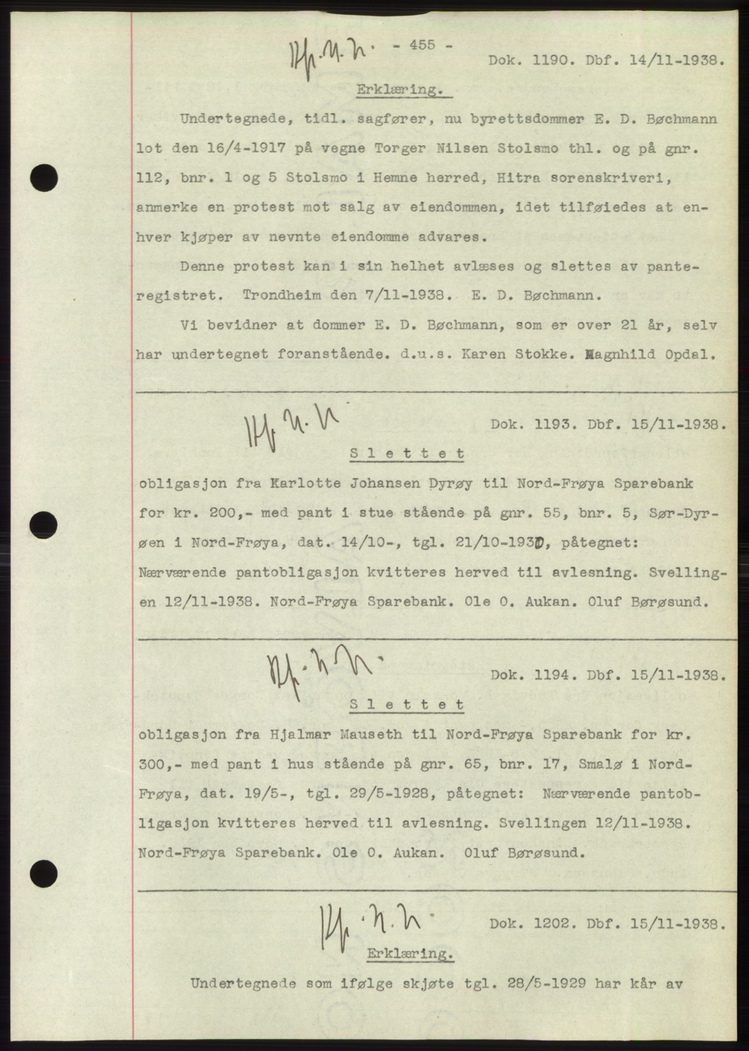 Hitra sorenskriveri, AV/SAT-A-0018/2/2C/2Ca: Pantebok nr. C1, 1936-1945, Dagboknr: 1190/1938