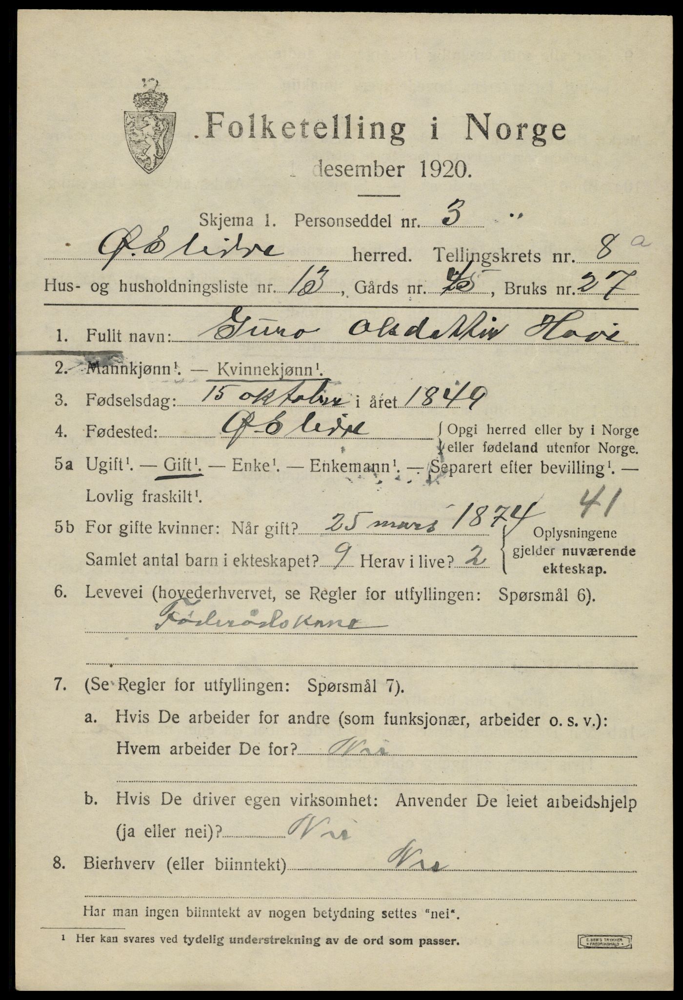 SAH, Folketelling 1920 for 0544 Øystre Slidre herred, 1920, s. 4901