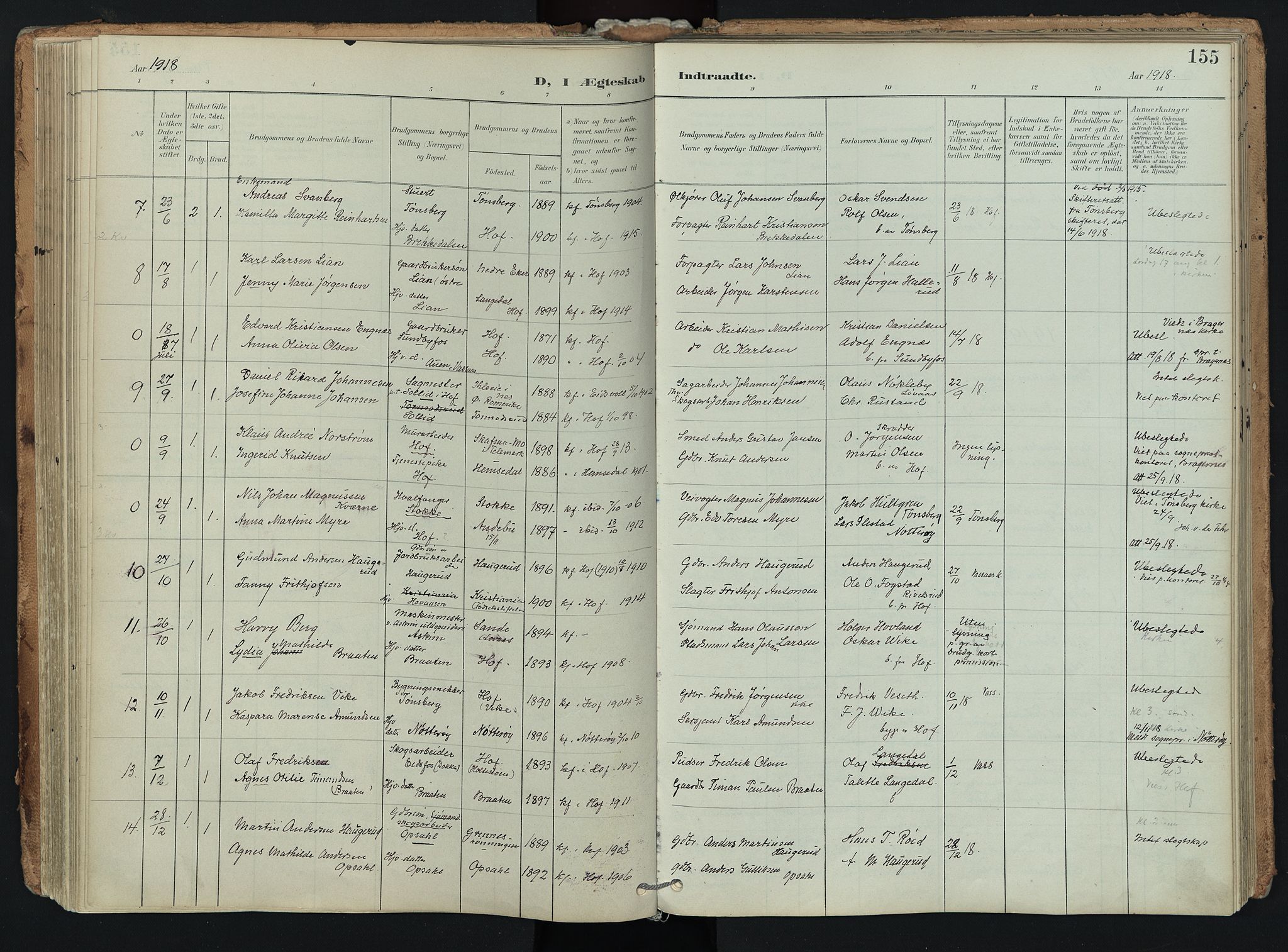 Hof kirkebøker, AV/SAKO-A-64/F/Fa/L0008: Ministerialbok nr. I 8, 1902-1921, s. 155