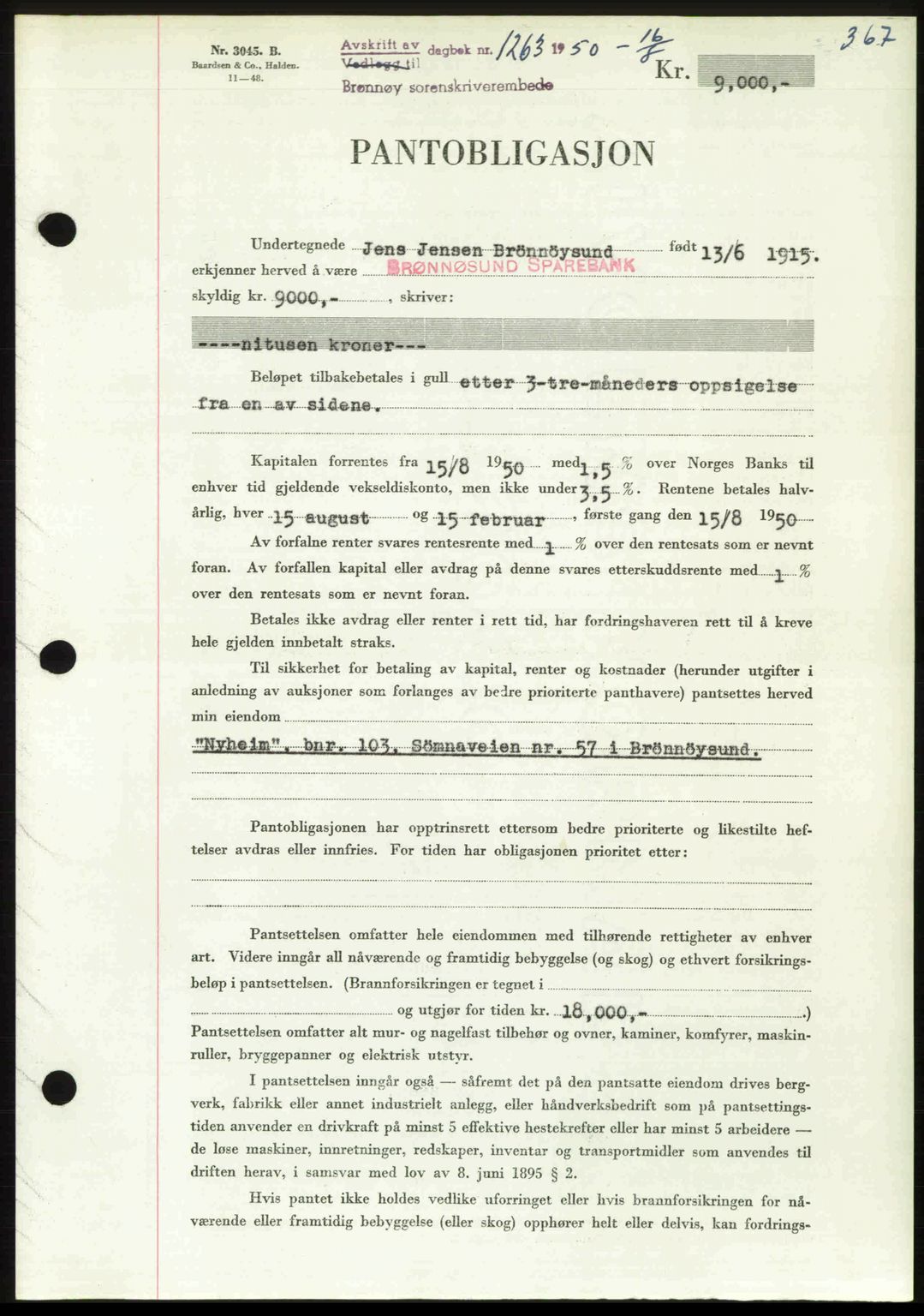 Brønnøy sorenskriveri, SAT/A-4170/1/2/2C: Pantebok nr. 36, 1950-1950, Dagboknr: 1263/1950